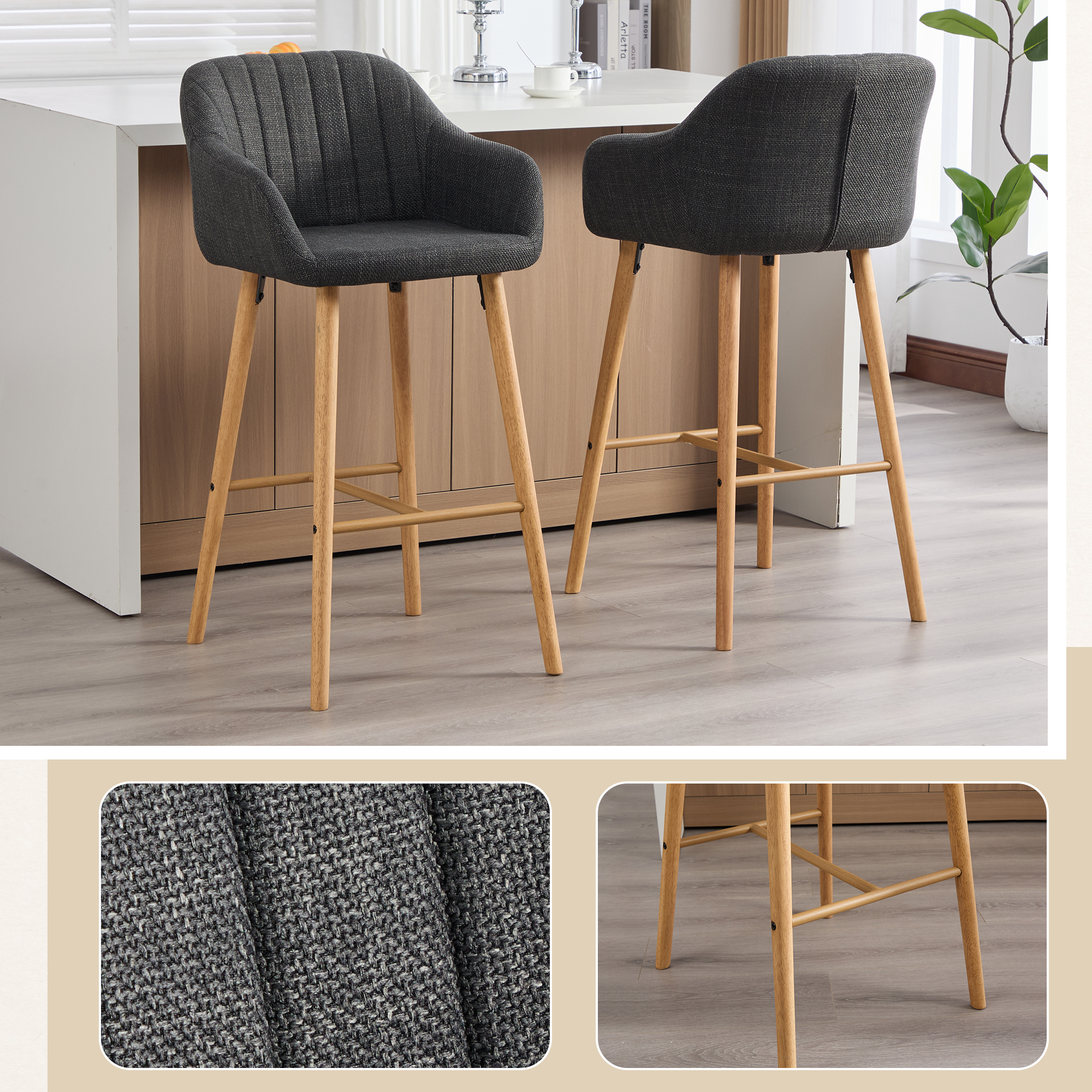 Set de 2 taburetes de bar modernos para isla de cocina, tapizados en lino