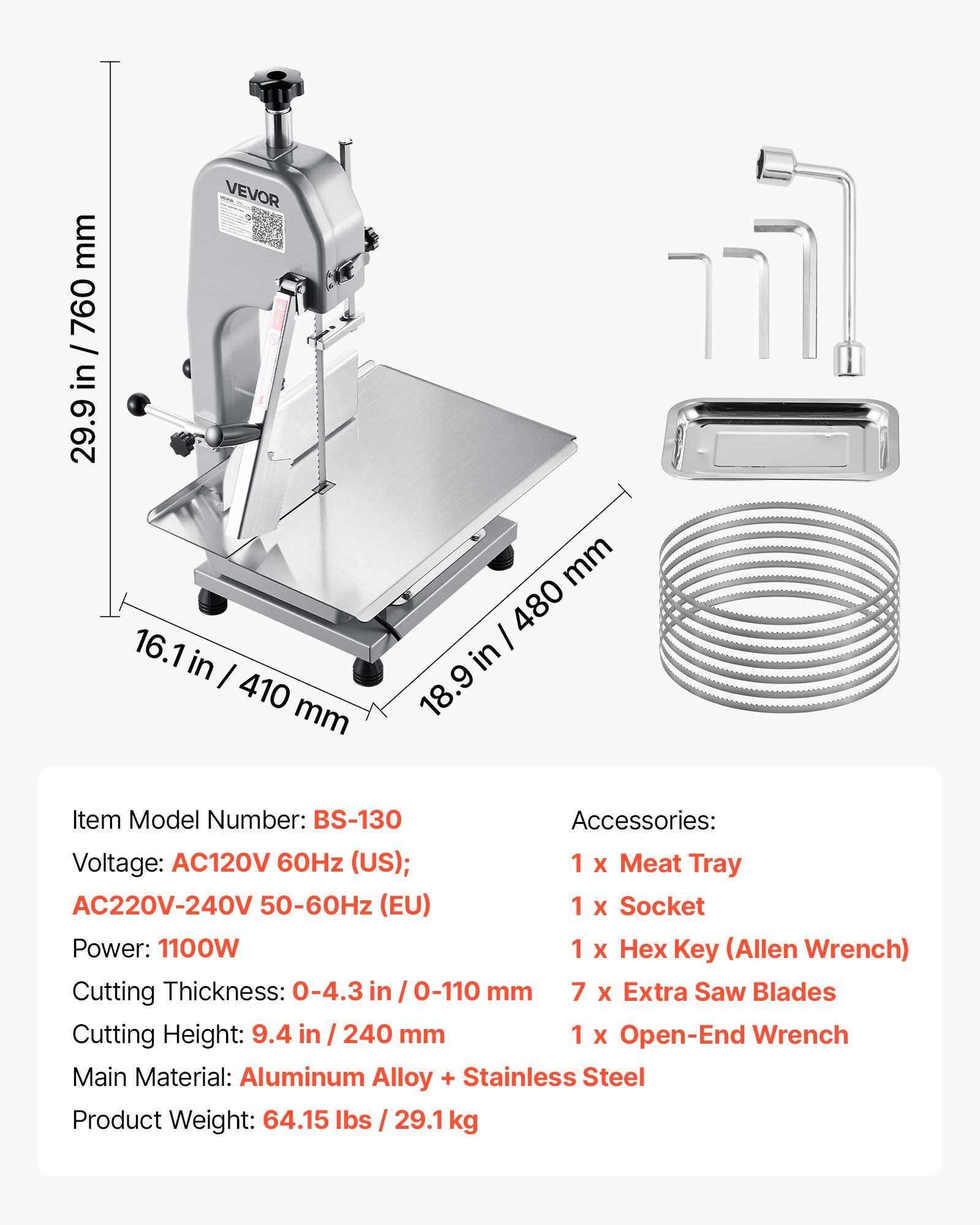 Commercial Electric Meat Bandsaw, 1100W Bone Sawing Machine With 12.4" X 18.1" Workbench, 0-4.3" Cutting Thickness, 7 Extra Replacement Blades, For Cutting Bone, Frozen Meat, Pork, Beef & Ribs