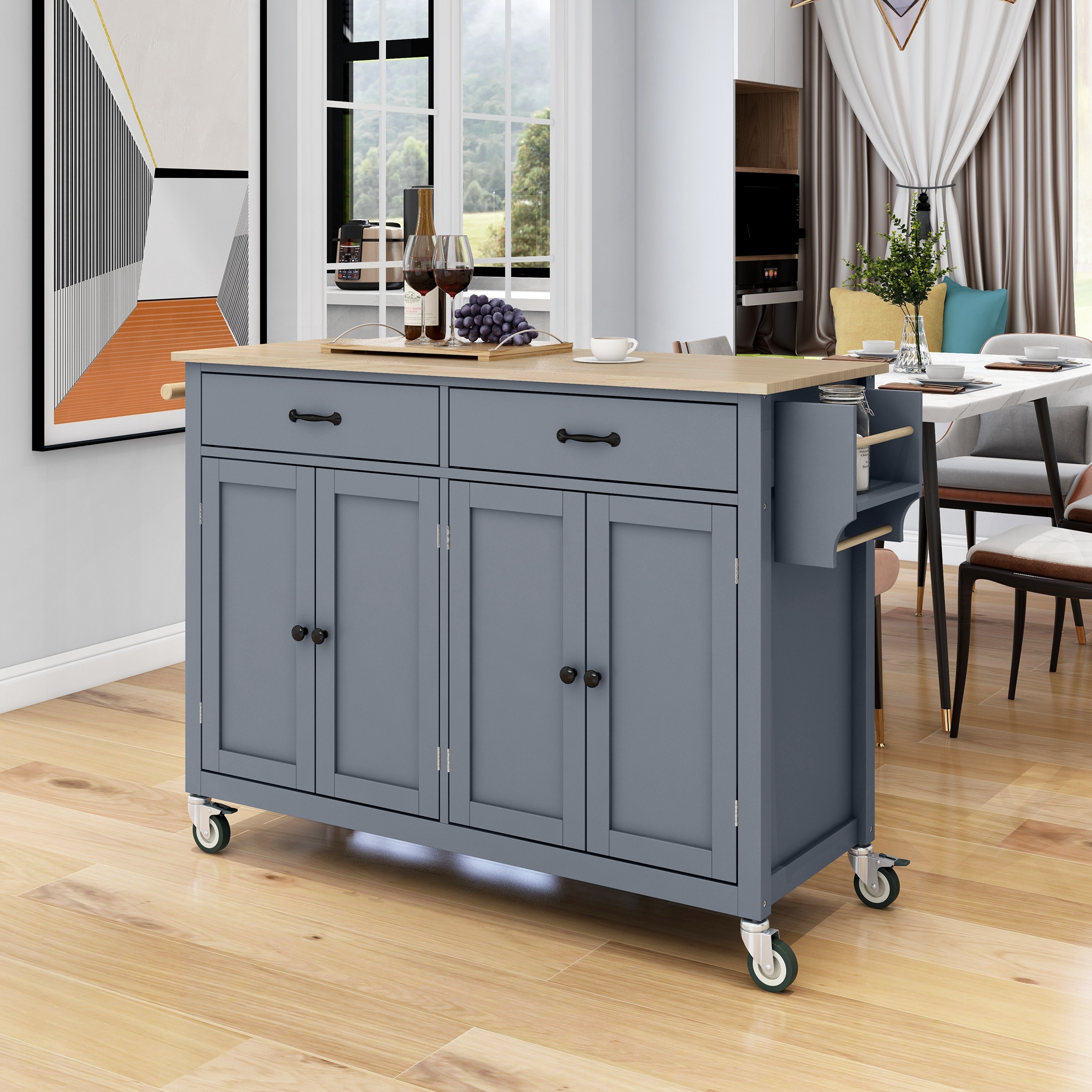 Carrito de isla de cocina con encimera de madera, ruedas con freno, 4 puertas y 2 cajones