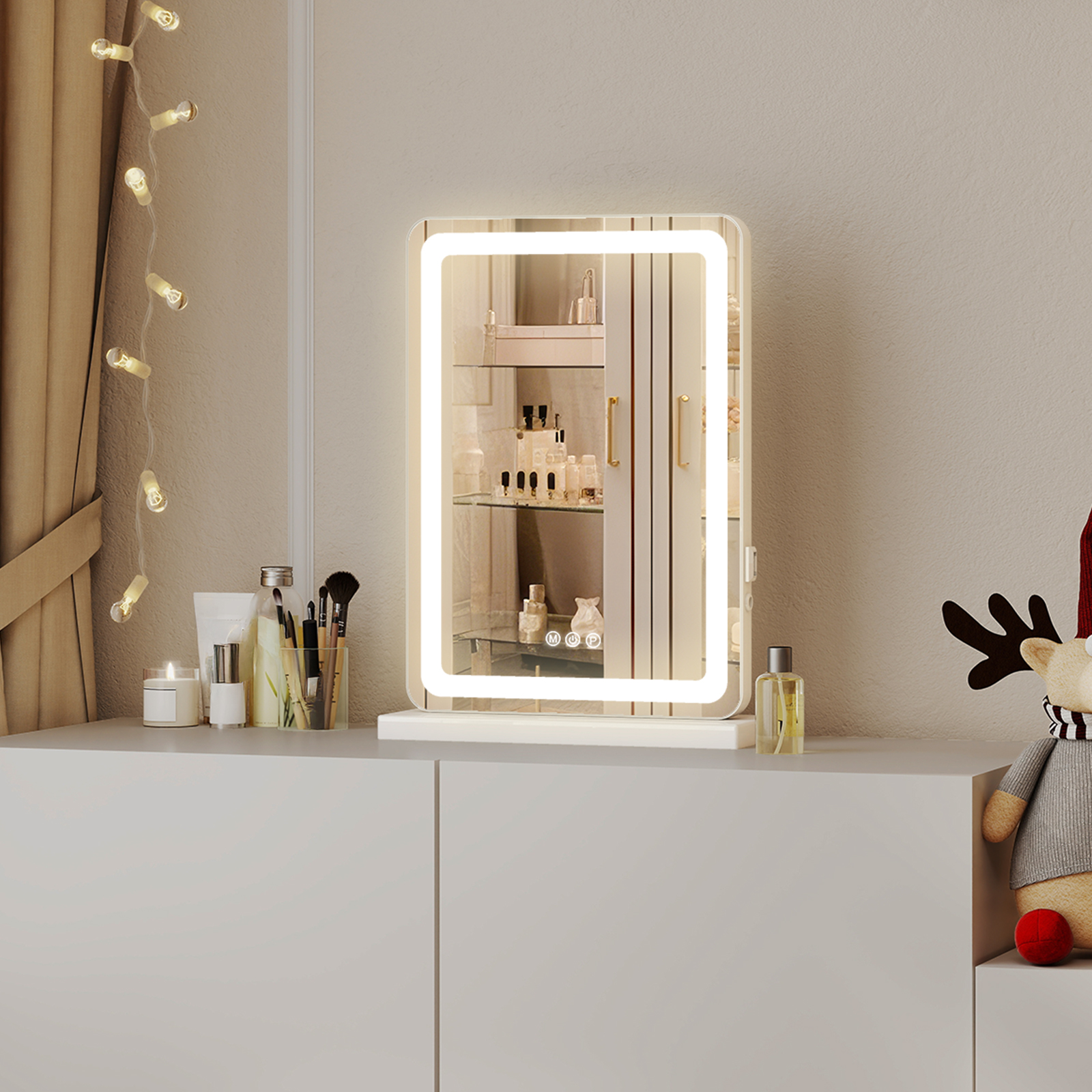 Espejo de tocador con luces LED, 3 modos de color regulables y control táctil