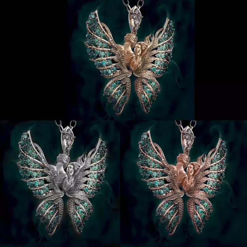 Collar para amantes con alas de ángel y mariposa con diamantes