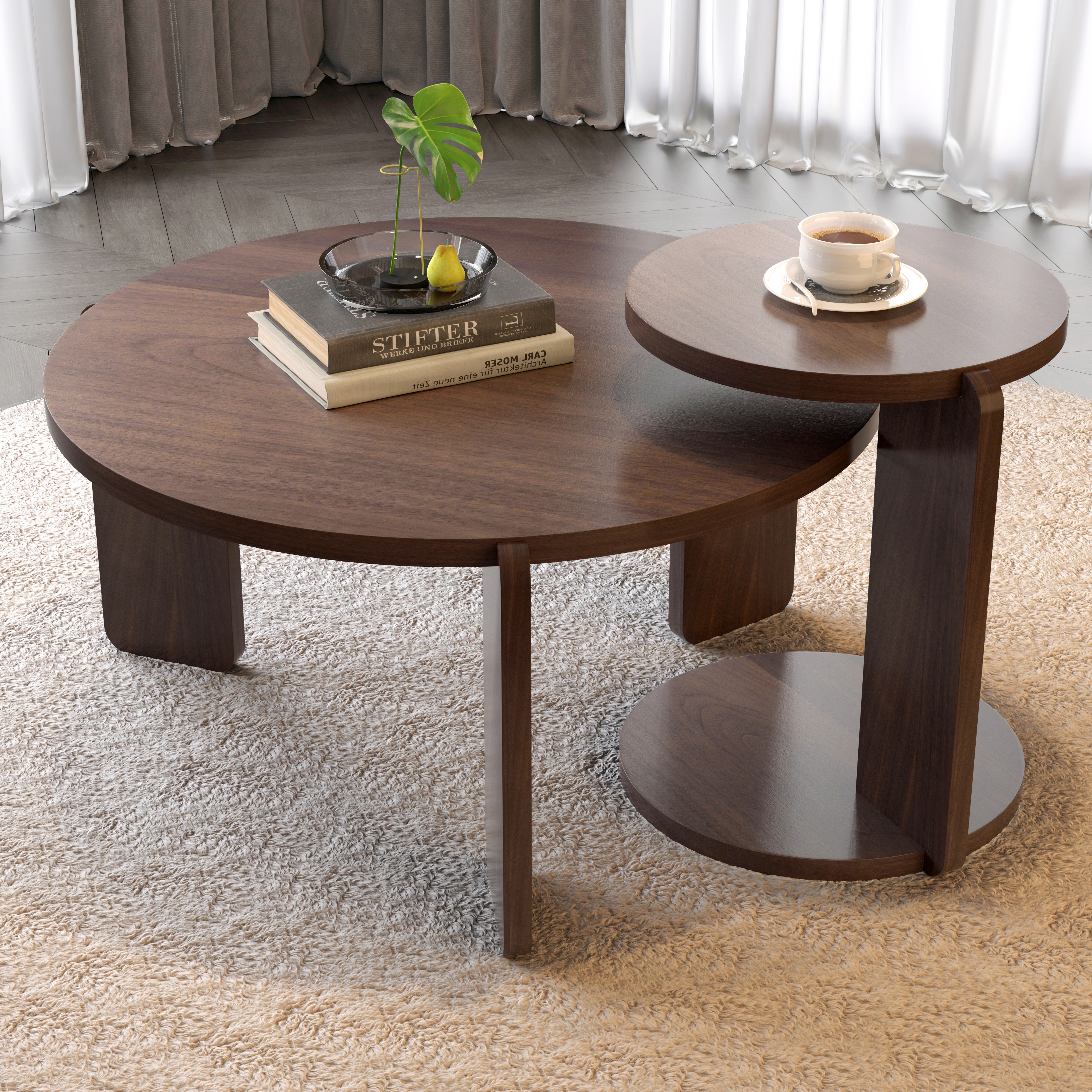 32.68 Inch Nesting Round Wood Coffee Table With End Table Set Of 2, Walnut Veneer Top With Water And Wear-resisting PU Painting Side Table For Living Room, Study Room