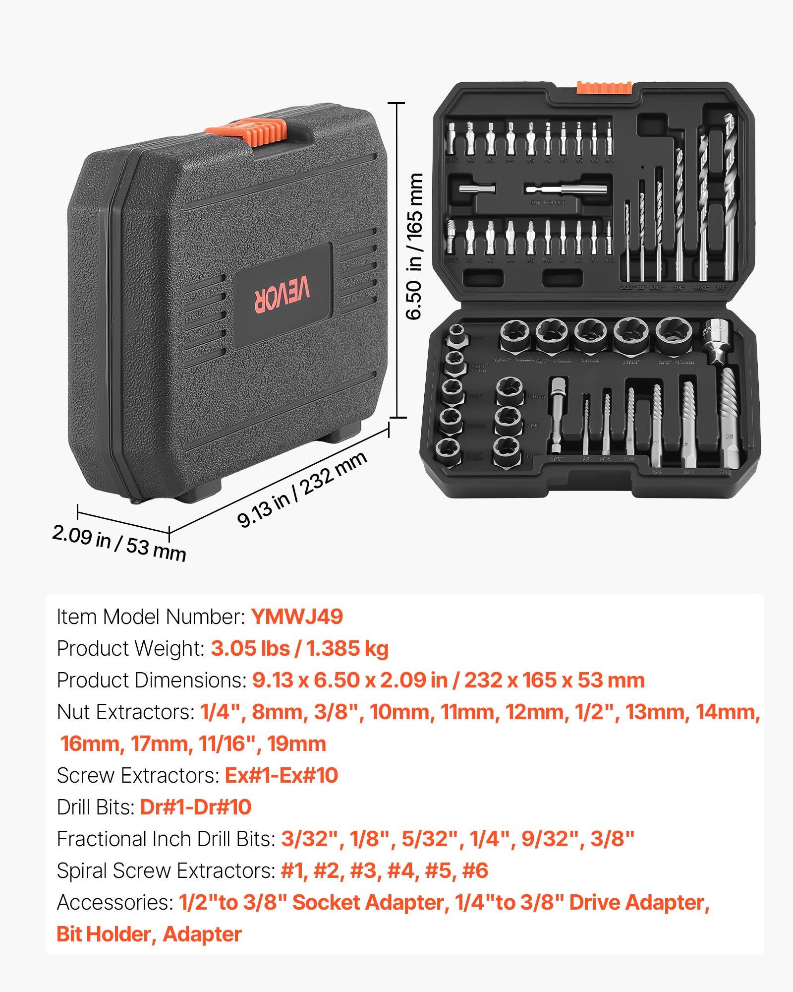 Screw Extractor Set With Drill Bits, 49 Pieces, Easy Out Nut Bolt Extractors And Drill Bits, With Adapters, Solid Storage Case, Cr-Mo Steel For Removing Rounded, Broken, Or Stripped Fasteners