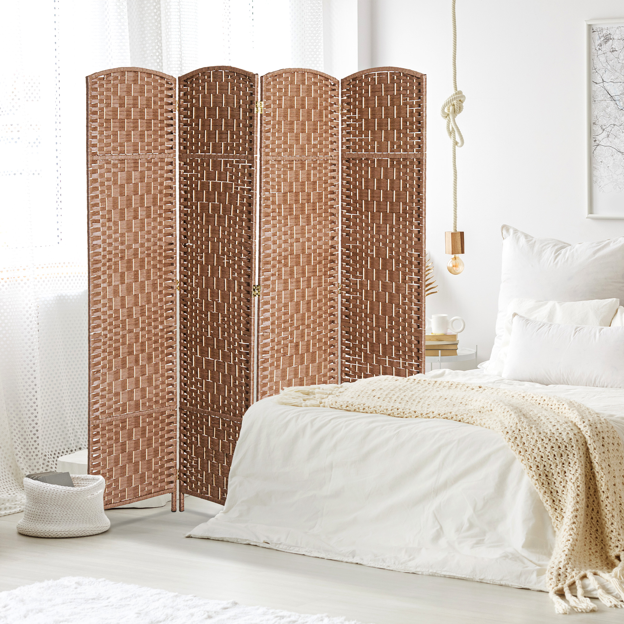 Room Divider 4 Panel, 6FT Tall Folding Privacy Screen, Freestanding Hand-Woven Partition for Room Separation with 360° Hinges, Paper Rope Diamond Weave, Natural