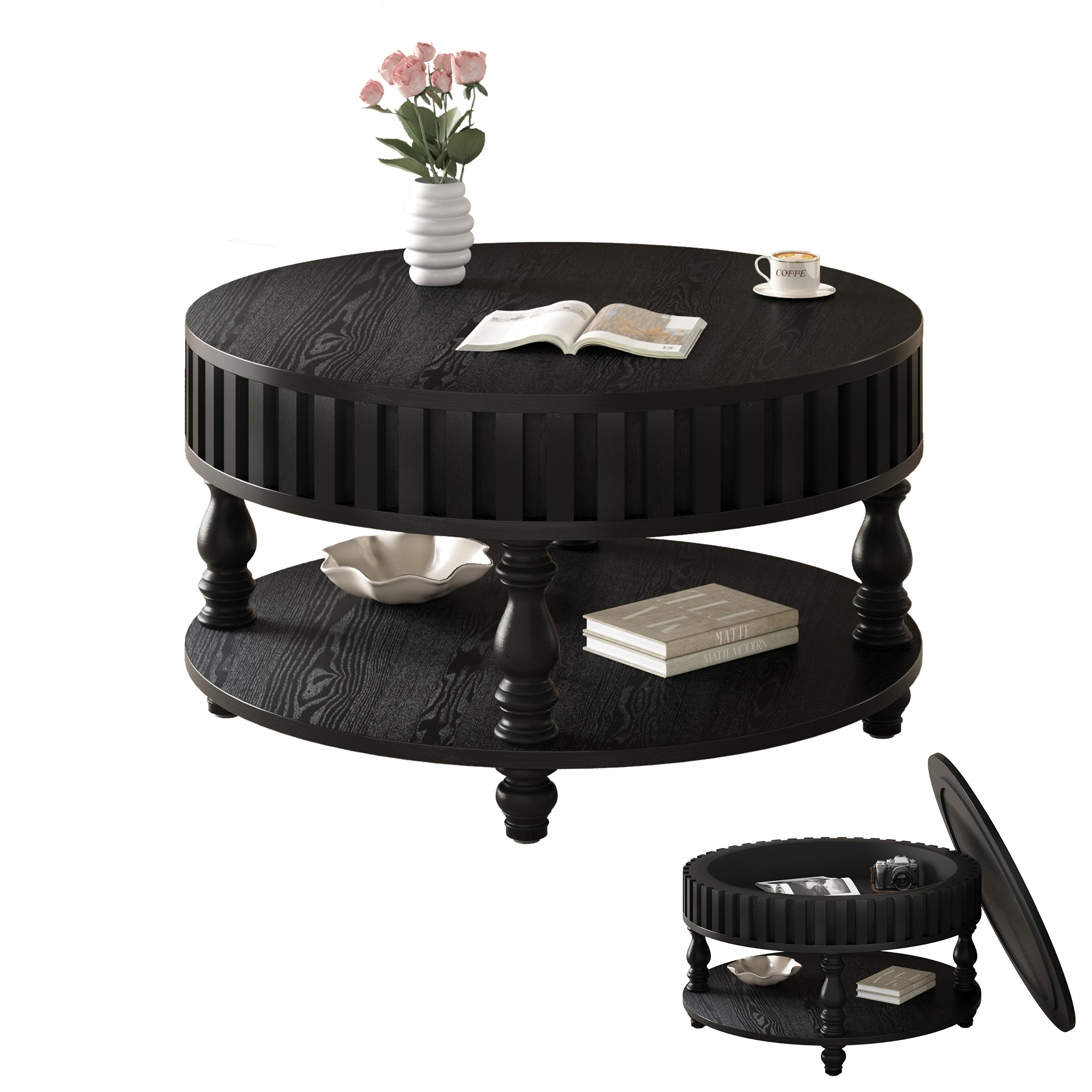 Modern Fluted Coffee Table With Storage, Black Finish Center Table With Flip-Top Lid, Sturdy Solid Wood Legs For Mid Century Living Room