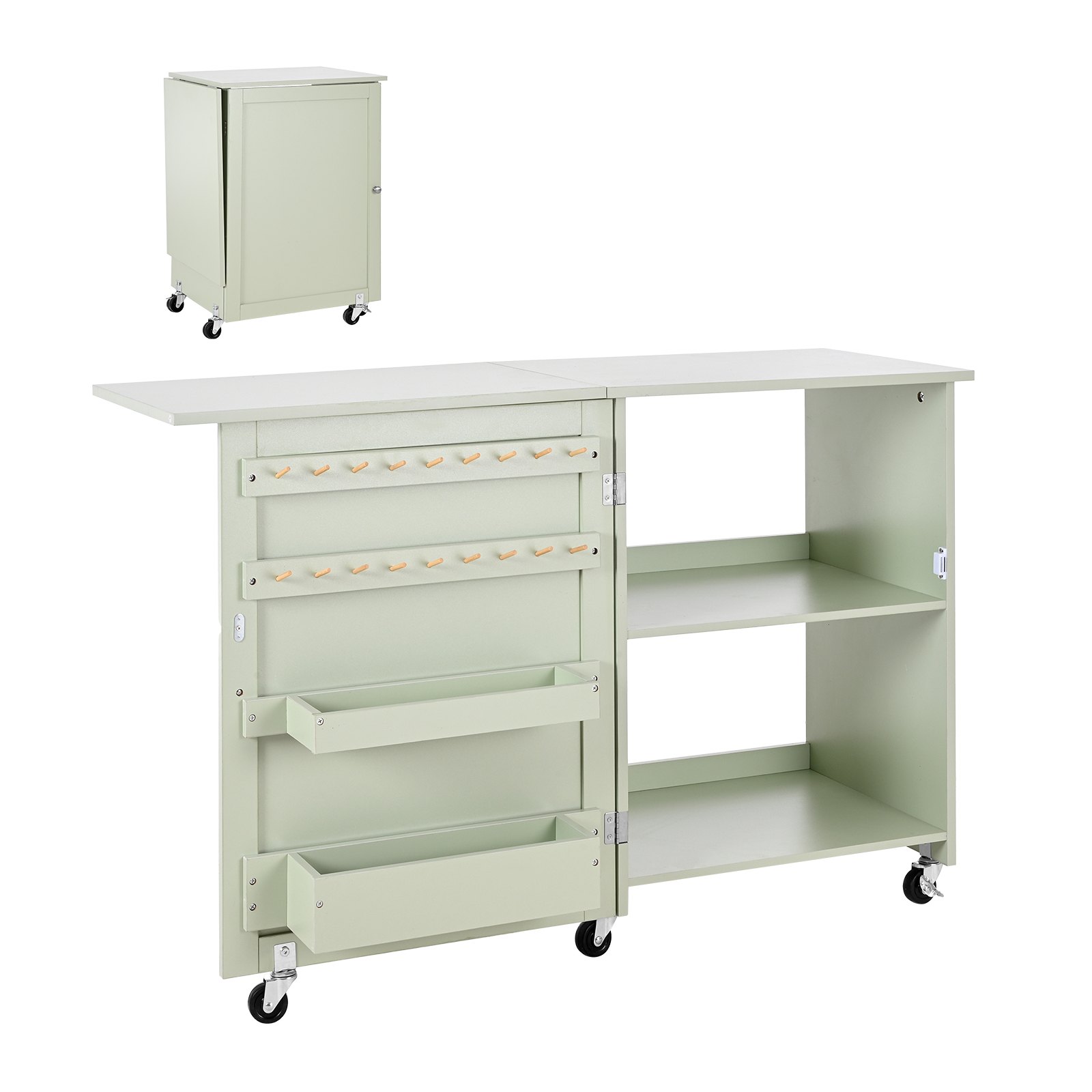 Mesa de costura plegable multiusos con ruedas, almacenamiento y cerradura magnética, verde claro