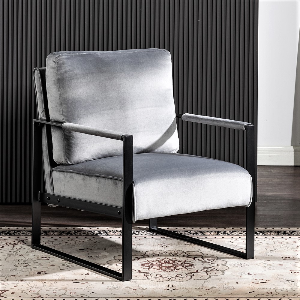 Sillón auxiliar clásico moderno de mediados de siglo, estructura de metal, terciopelo gris