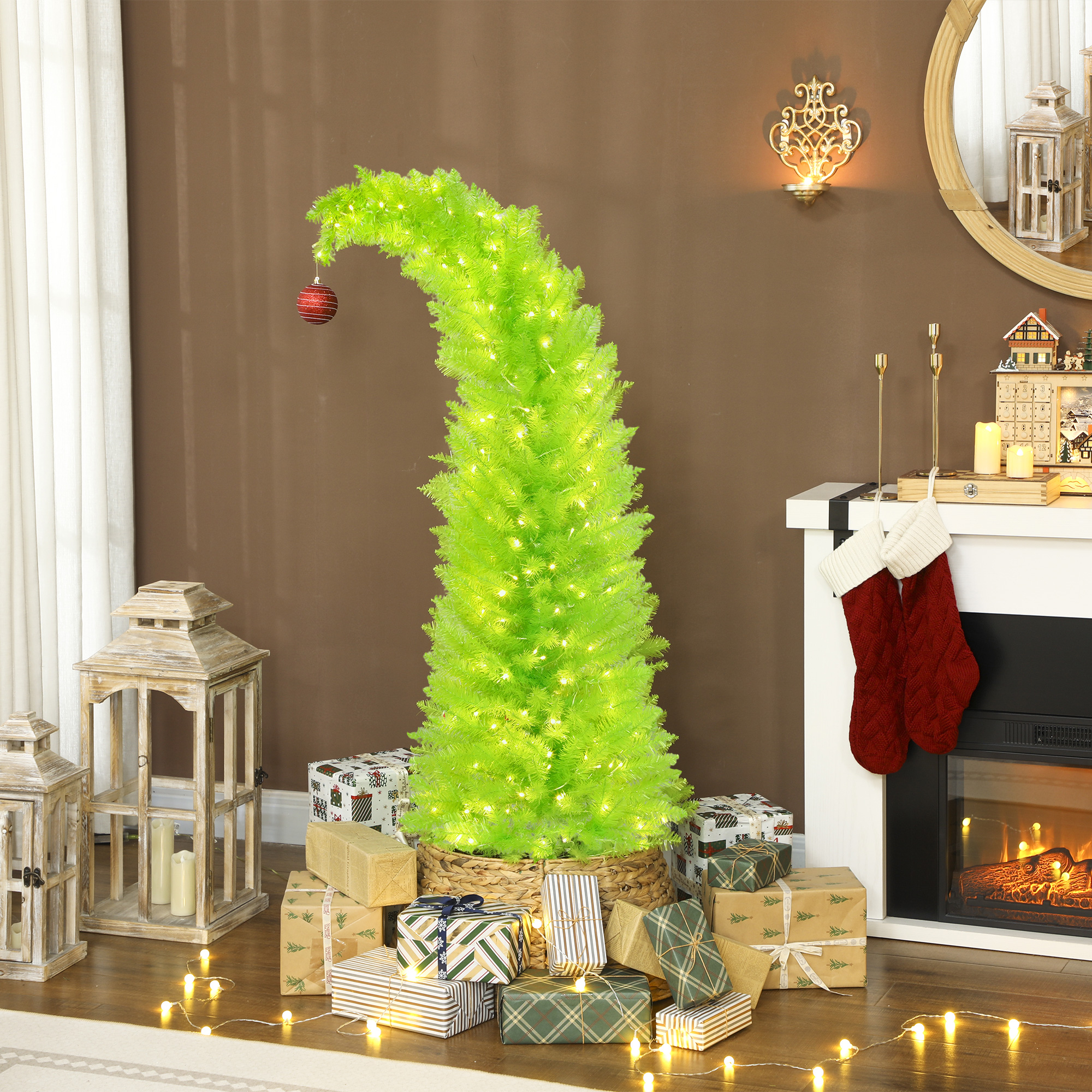Árbol de Navidad caprichoso de 5 pies, tipo lápiz, con 200 luces LED, base de metal