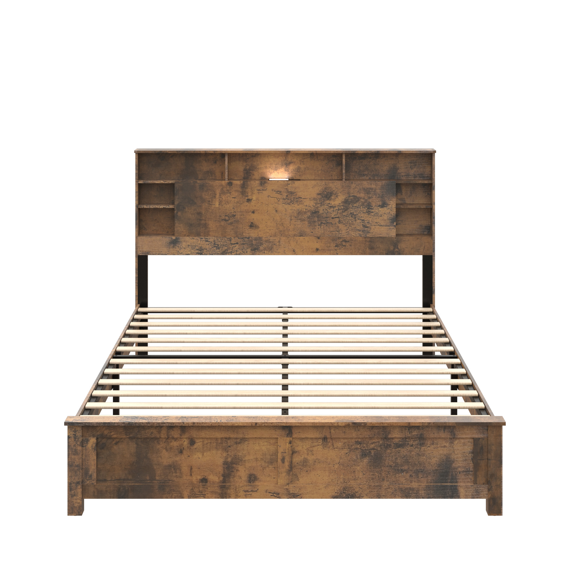 Base de cama Queen de madera con cabecero estantería, estación de carga y LED, marrón oscuro.