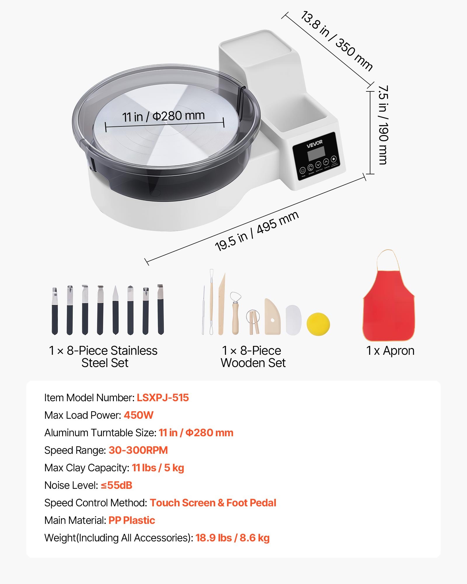 Torno de alfarería eléctrico para adultos, 11 pulgadas, 450W, con pedal, 30-300 RPM