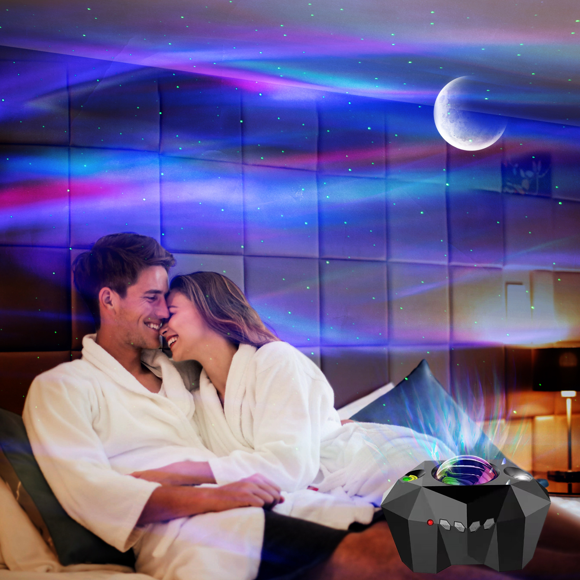 Lámpara proyector de estrellas y océano con patrón de agua, USB, Bluetooth, música