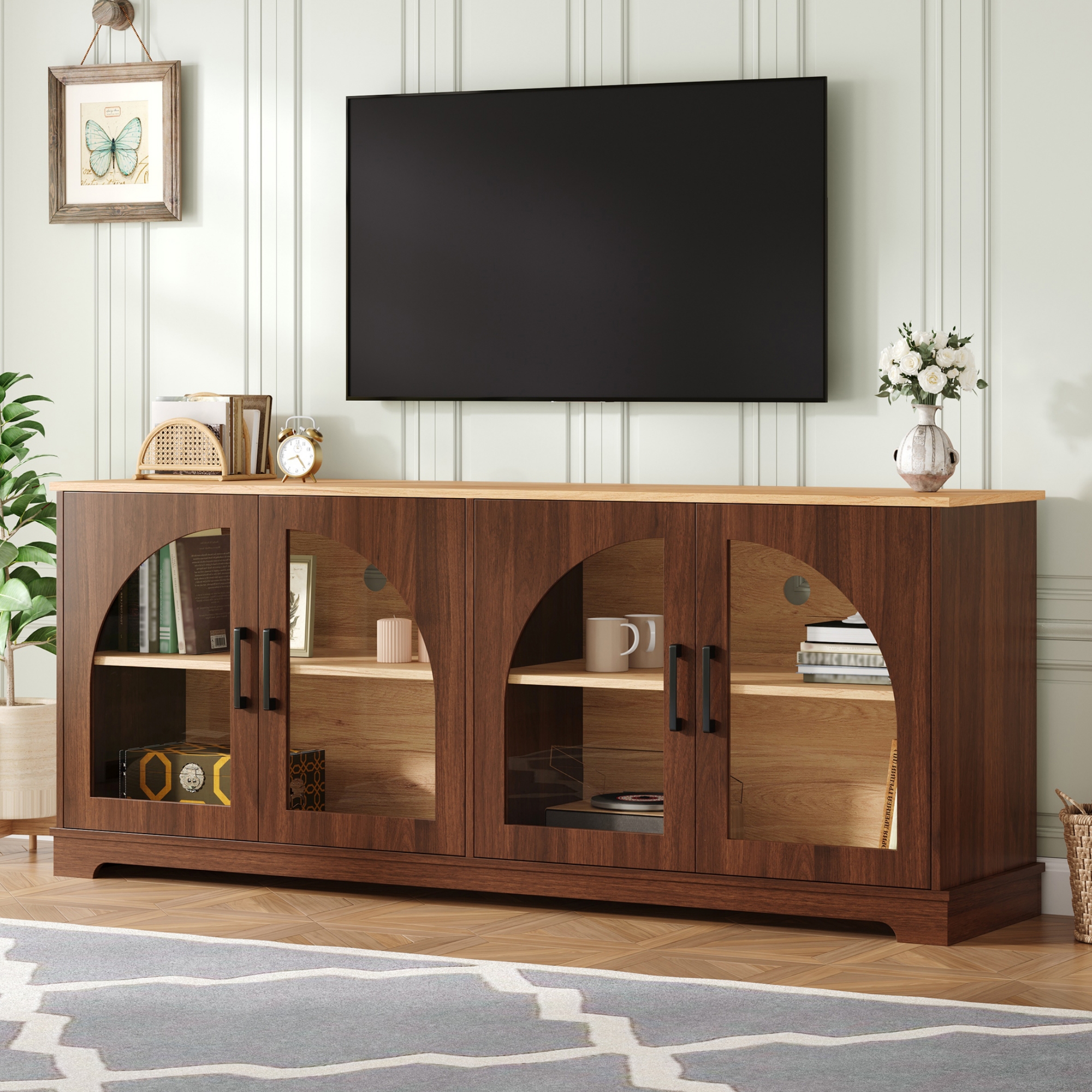 Mueble de TV estilo rústico para TVs de hasta 70 pulgadas, puertas de vidrio, nogal.