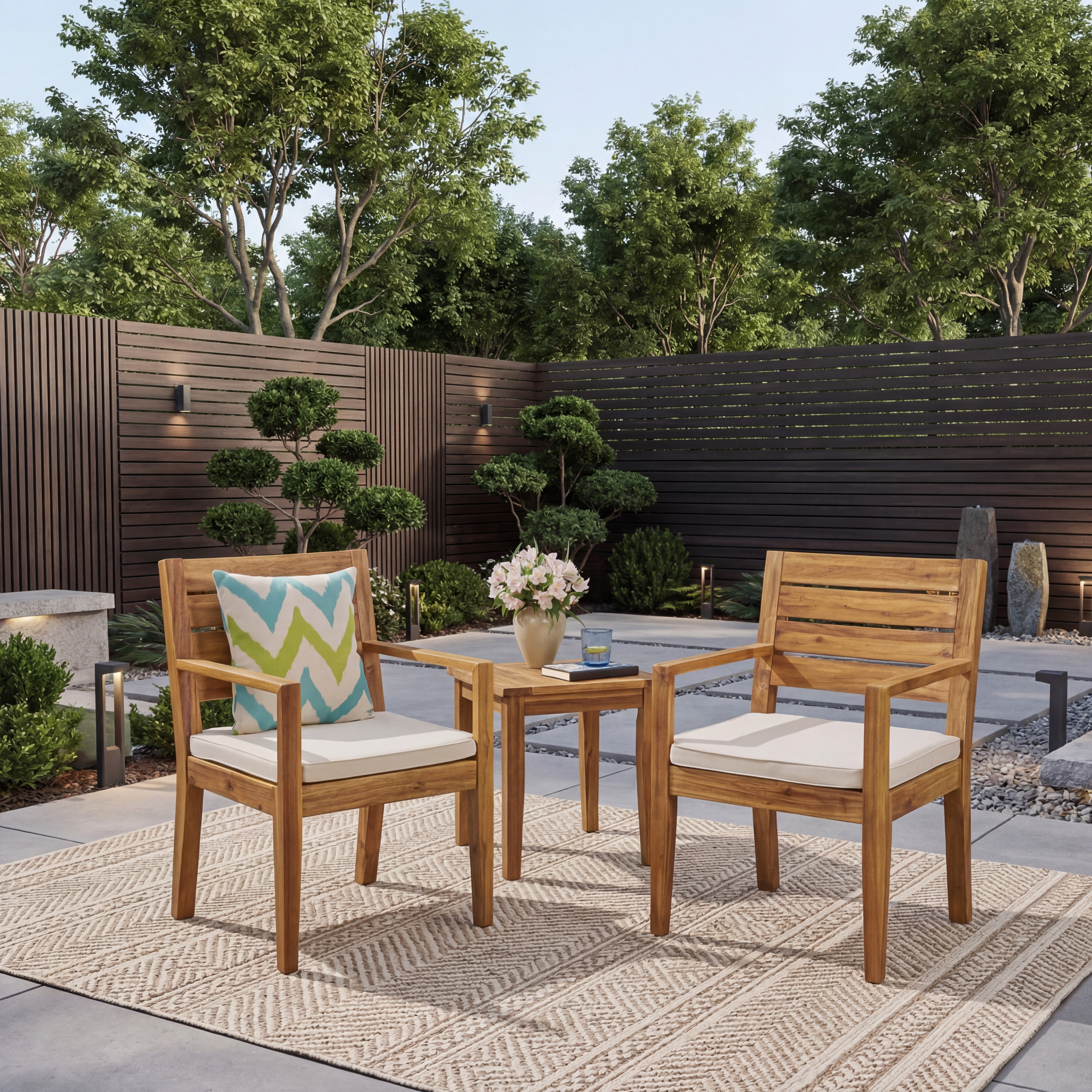Outdoor Dining Chair Set Of 2,Sandblast Natural Stained With Beige Cushion
