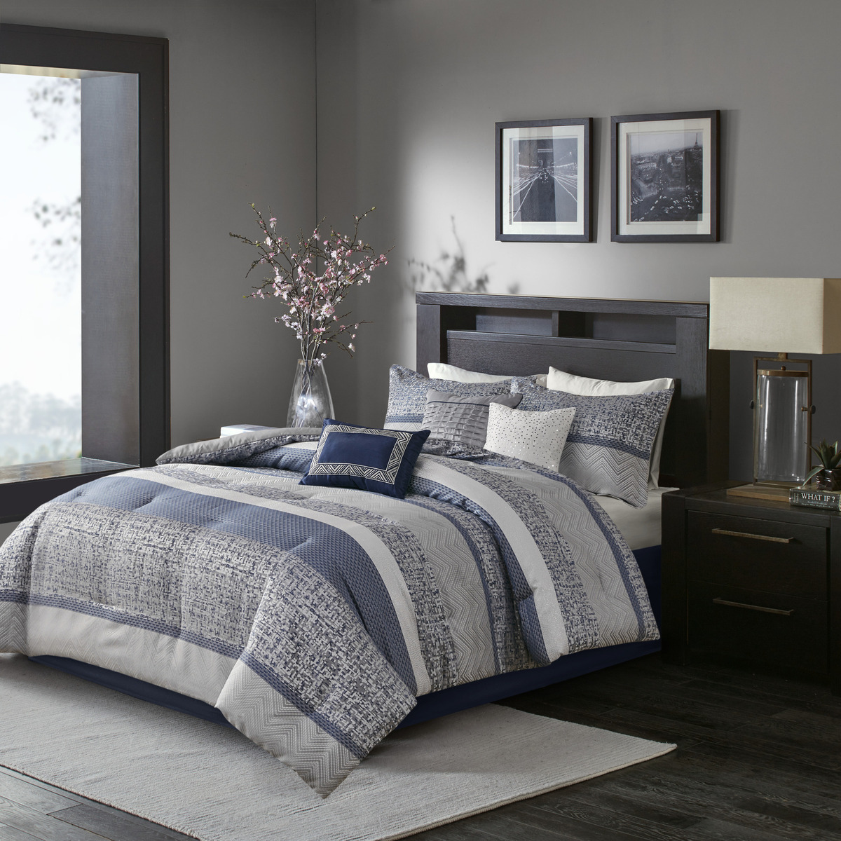 7 Piece Jacquard Comforter Set Navy Queen