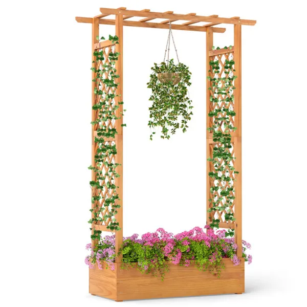 70" Tall Pine Wood Raised Garden Bed With Trellis & Flat Roof, Open-Ended Base Planter For Climbing Plants/Vegetables