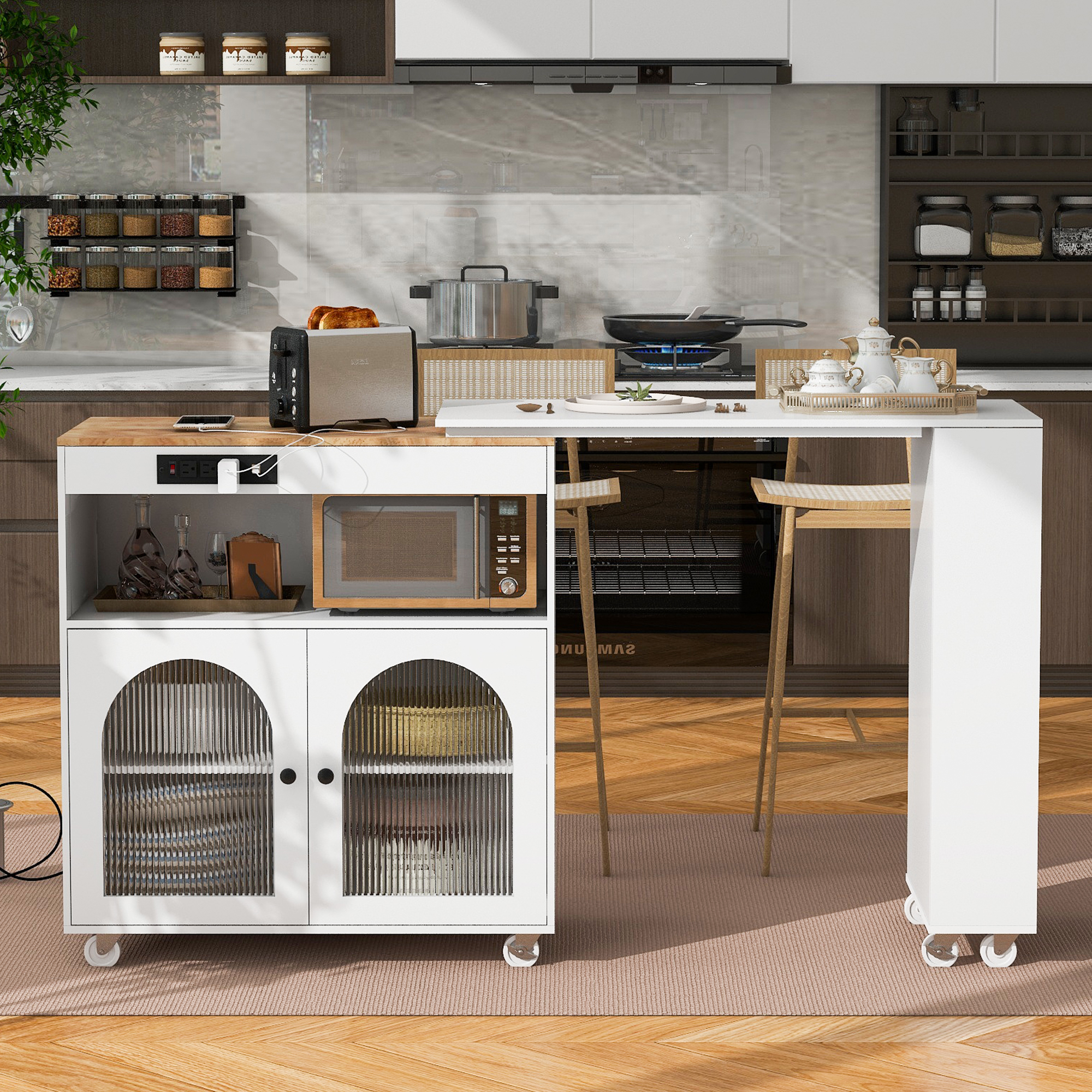 Isla de Cocina K&K Rodante, Mesa Extensible, LED, Tomas, 2 Puertas Vidrio, Blanca