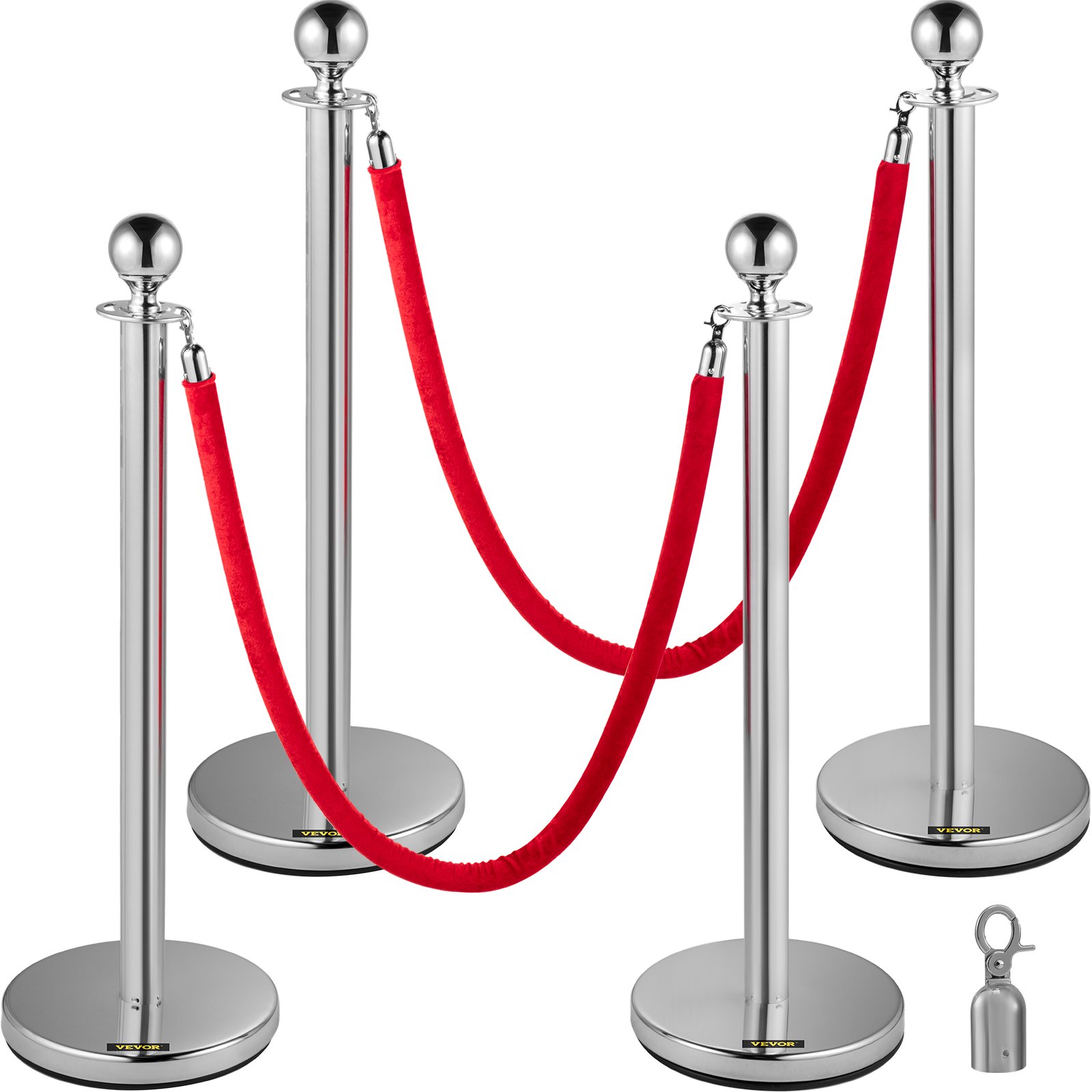 Postes de control de multitudes de acero inoxidable, 4 piezas, con cuerdas de terciopelo rojo de 5 pies