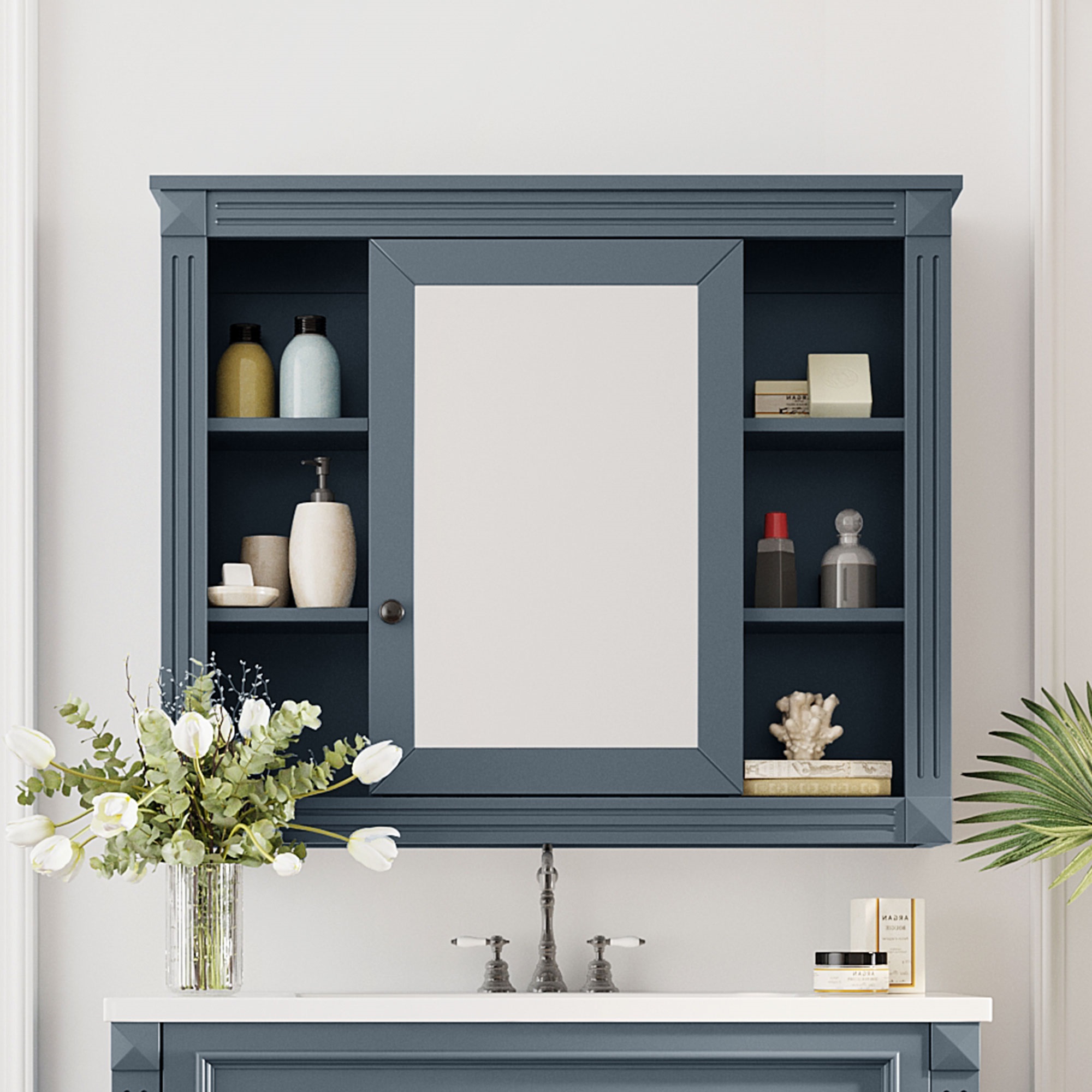 35 X 28 Wall Mounted Bathroom Storage Cabinet, Medicine Cabinet, Modern Bathroom Wall Cabinet With Mirror, Mirror Cabinet With 6 Open Shelves Not Include Bathroom Vanity