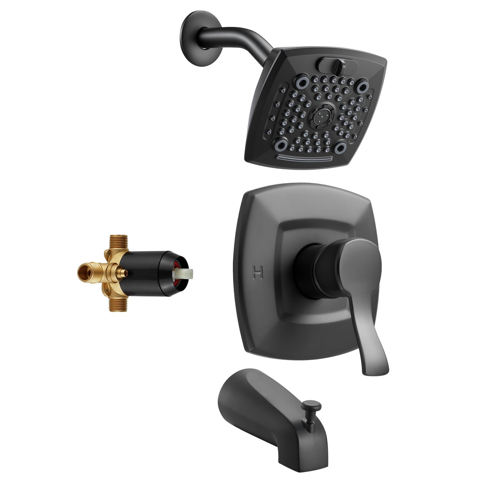 Grifo de bañera y ducha con cabezal de lluvia de 5.1 pulgadas, monomando, negro mate