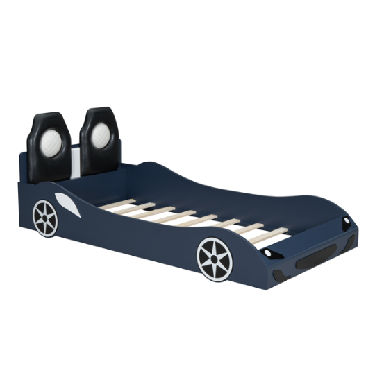 Cama plataforma individual de madera con forma de coche de carreras, azul