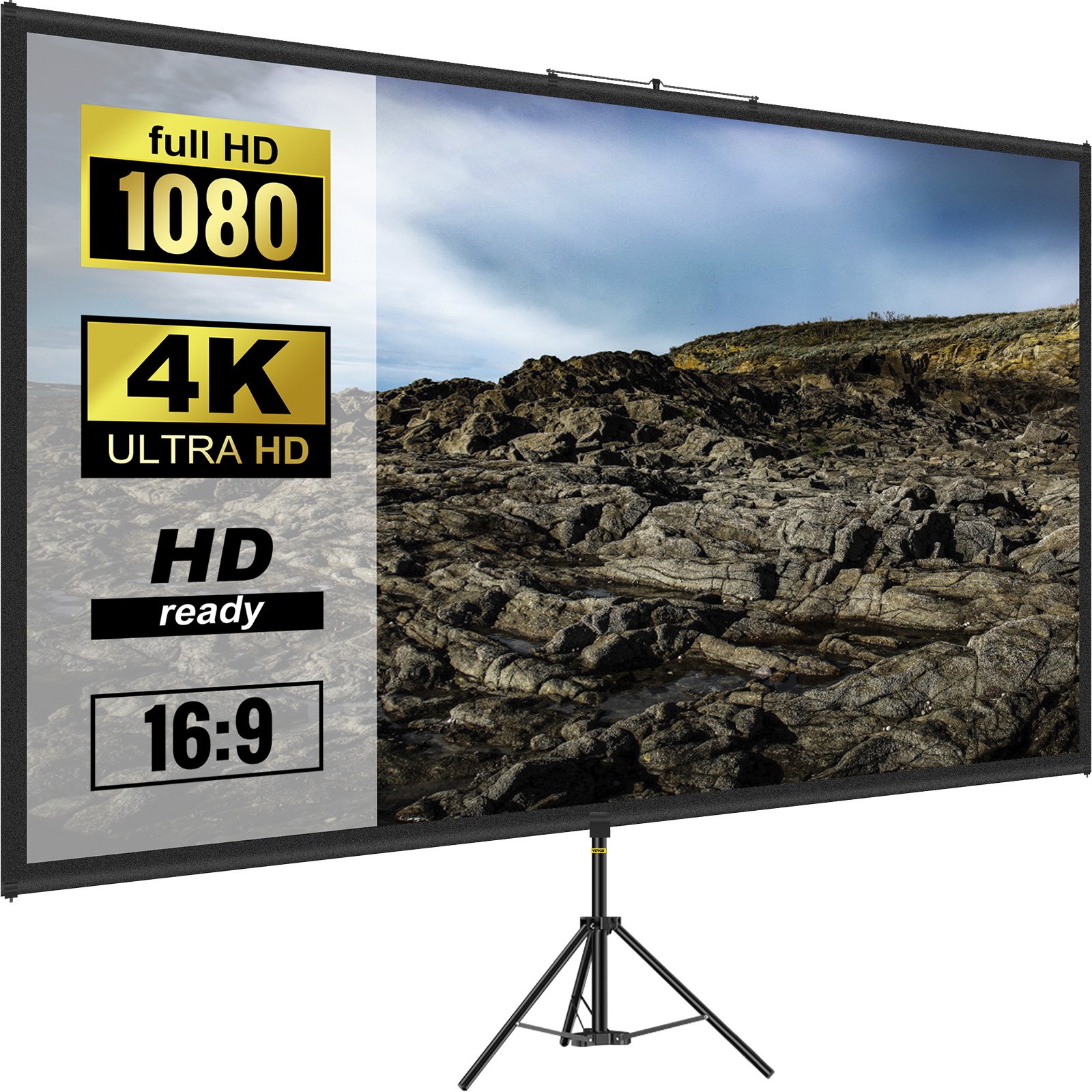 Tripod Projector Screen With Stand 60 Inch 16:9 4K HD Projection Screen Stand Wrinkle-Free Height Adjustable Portable Screen For Projector Indoor & Outdoor For Movie, Home Cinema, Gaming, Office