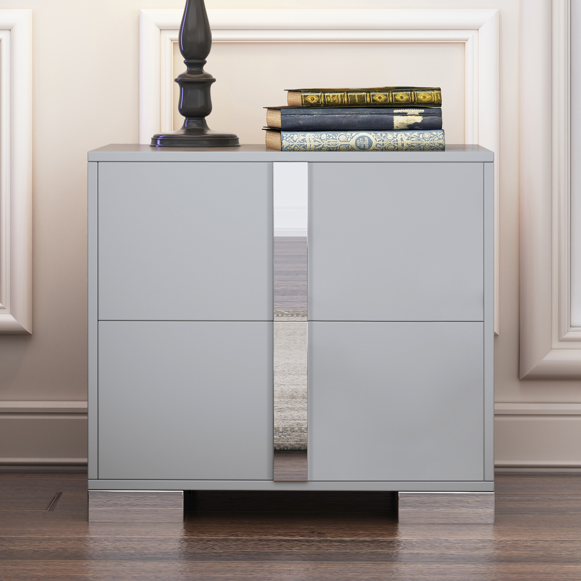 Mesa de noche elegante con patas de metal y 2 cajones, gris