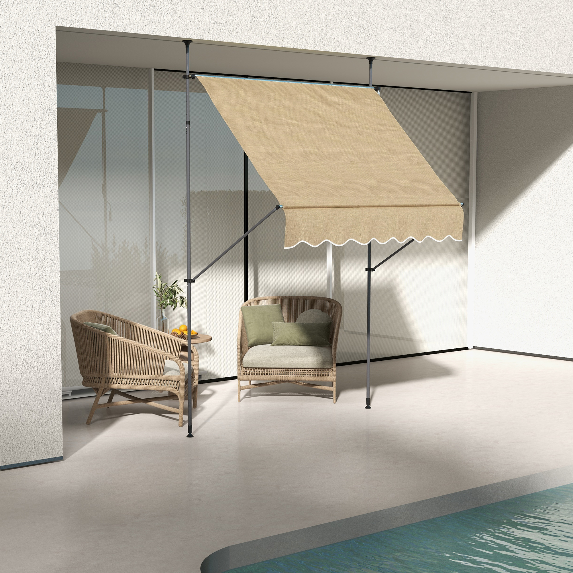 Toldo retráctil manual 6.5 x 4 pies, sin tornillos, resistente a UV, beige