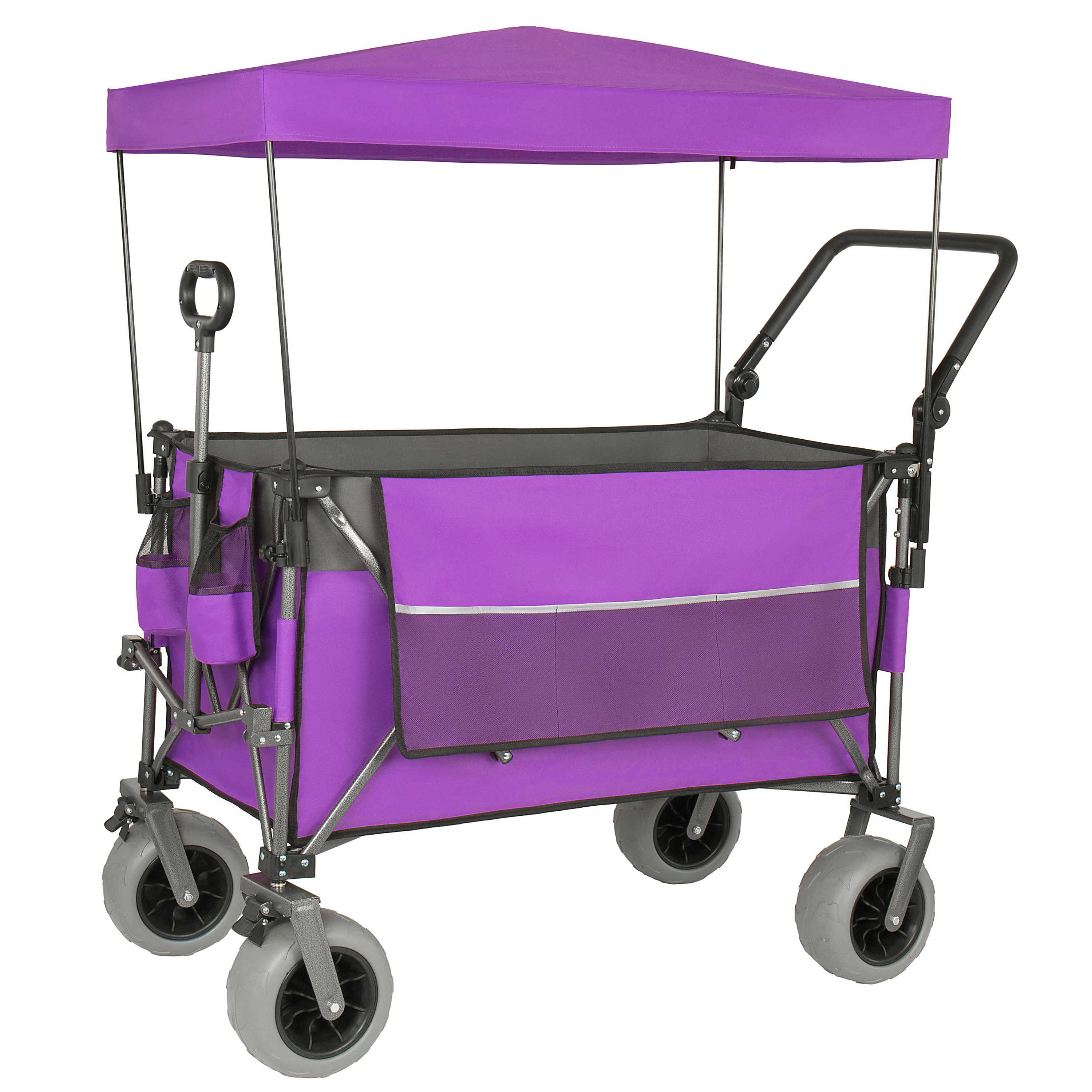 Multi- Functional Push- Pull Folding Wagon Cart With Rotating Handle & Canopy  9 X4  Beach Tires For Camping & Beach  Load Capacity 480lbs  300L Large Capacity For Transport  Groceries  Outdoor Use
