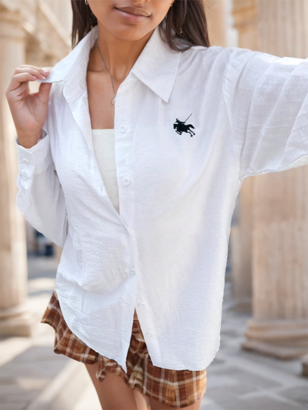 Camisa de manga larga casual de mujer con estampado y hombro caído