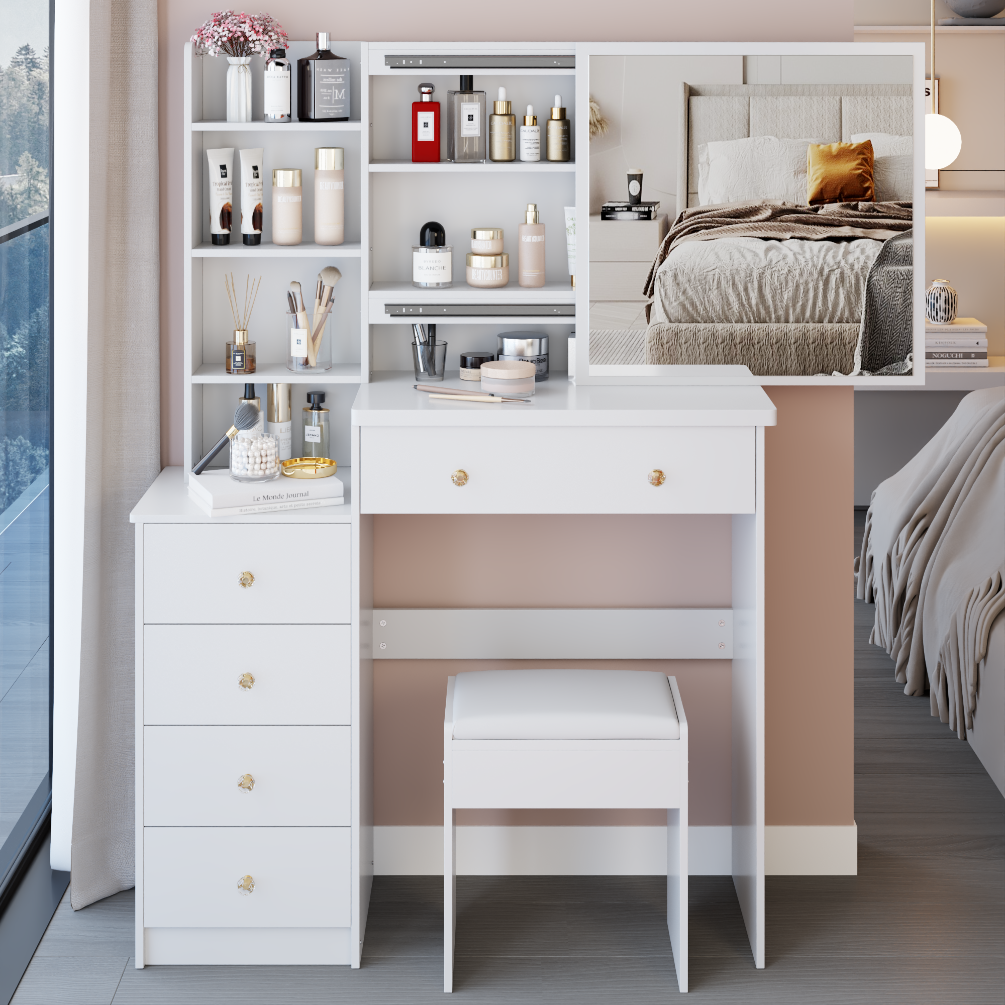 37 Middle Size Left Bedside Cabinet Vanity Table  Cushioned Stool, Extra Large Right Sliding Mirror, Multi Layer High Capacity Storage, Practical Fashionable Dresser, Suitable For Large Space