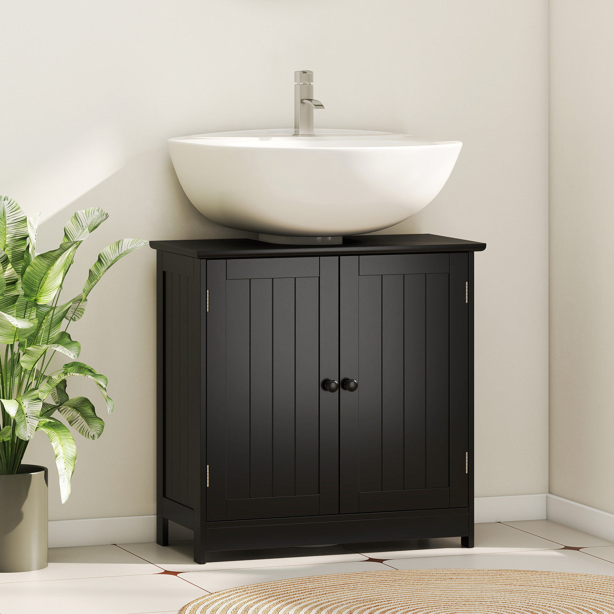 Gabinete bajo lavabo de pedestal con 2 puertas, estante y recorte en U, negro