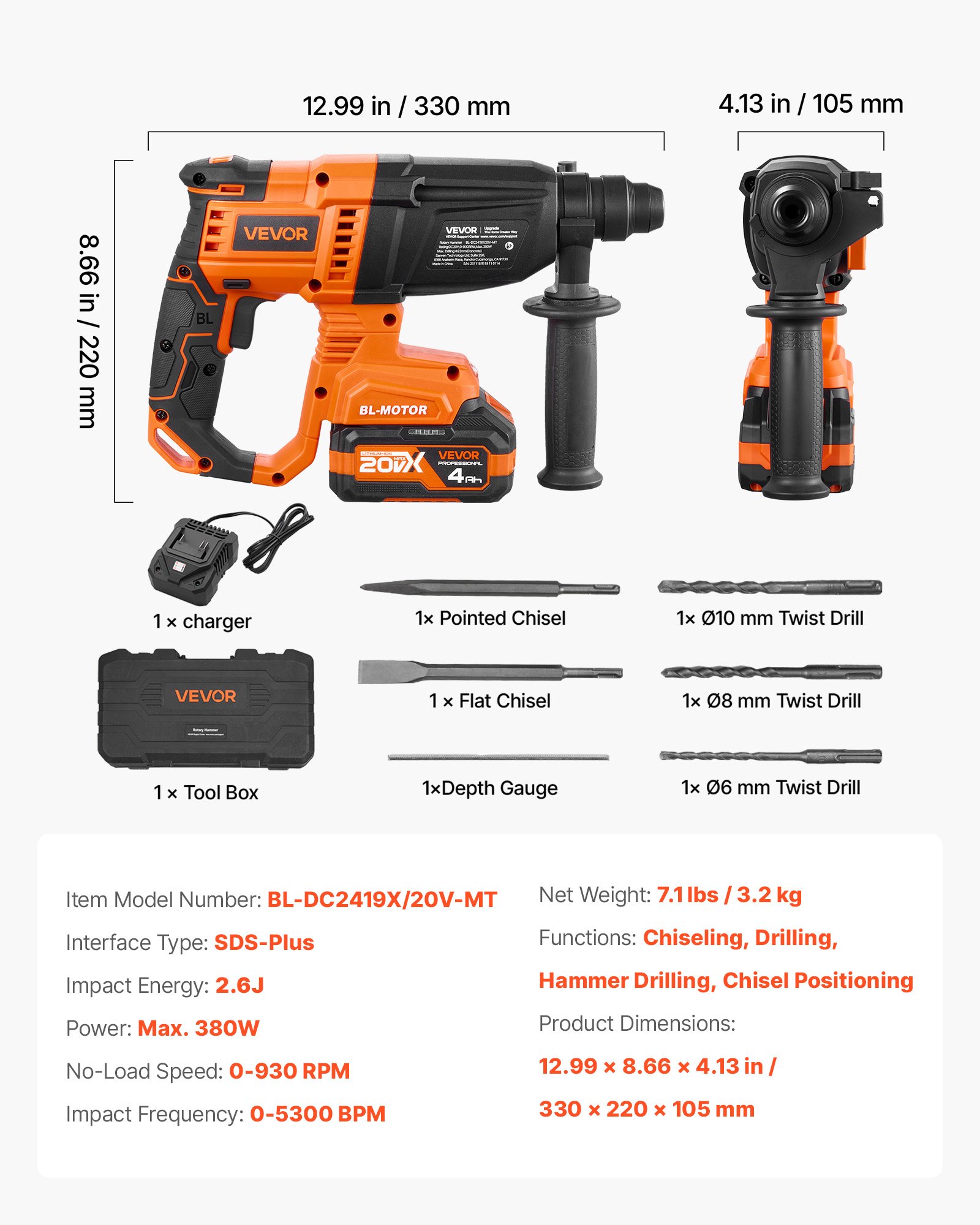 Rotary Hammer Drill, 7/8 In SDS-Plus Cordless, 20V Battery Powered Rotary Hammer, Brushless, Including Battery, Charger, 3 Drill Bits, Flat Chisel, Pointed Chisel, Carrying Case, For Concrete