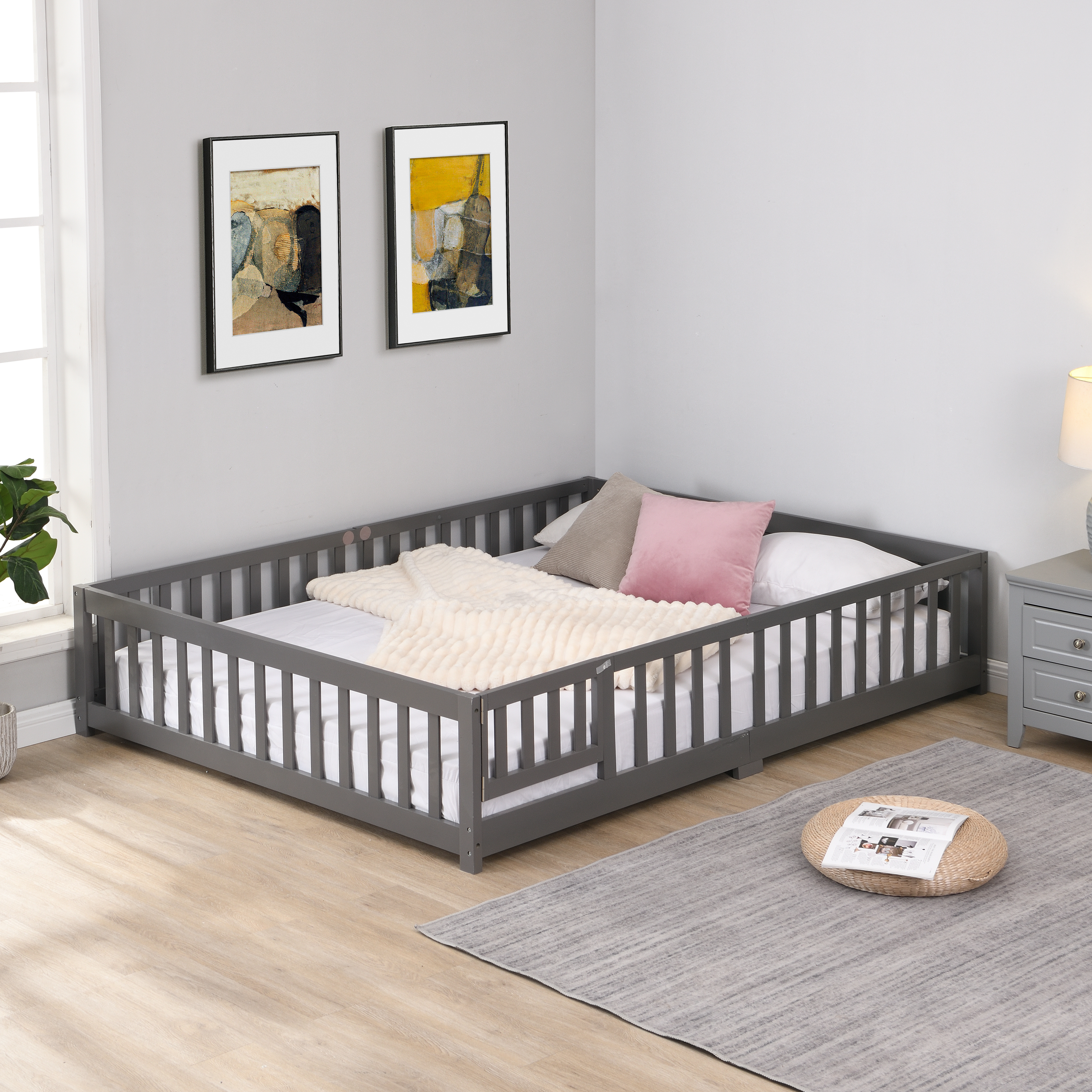Full Size Floor Bed With Door,Solid Wood Platform Bed Frame With Fence,Suitable For Children,Pine Wood,Gray