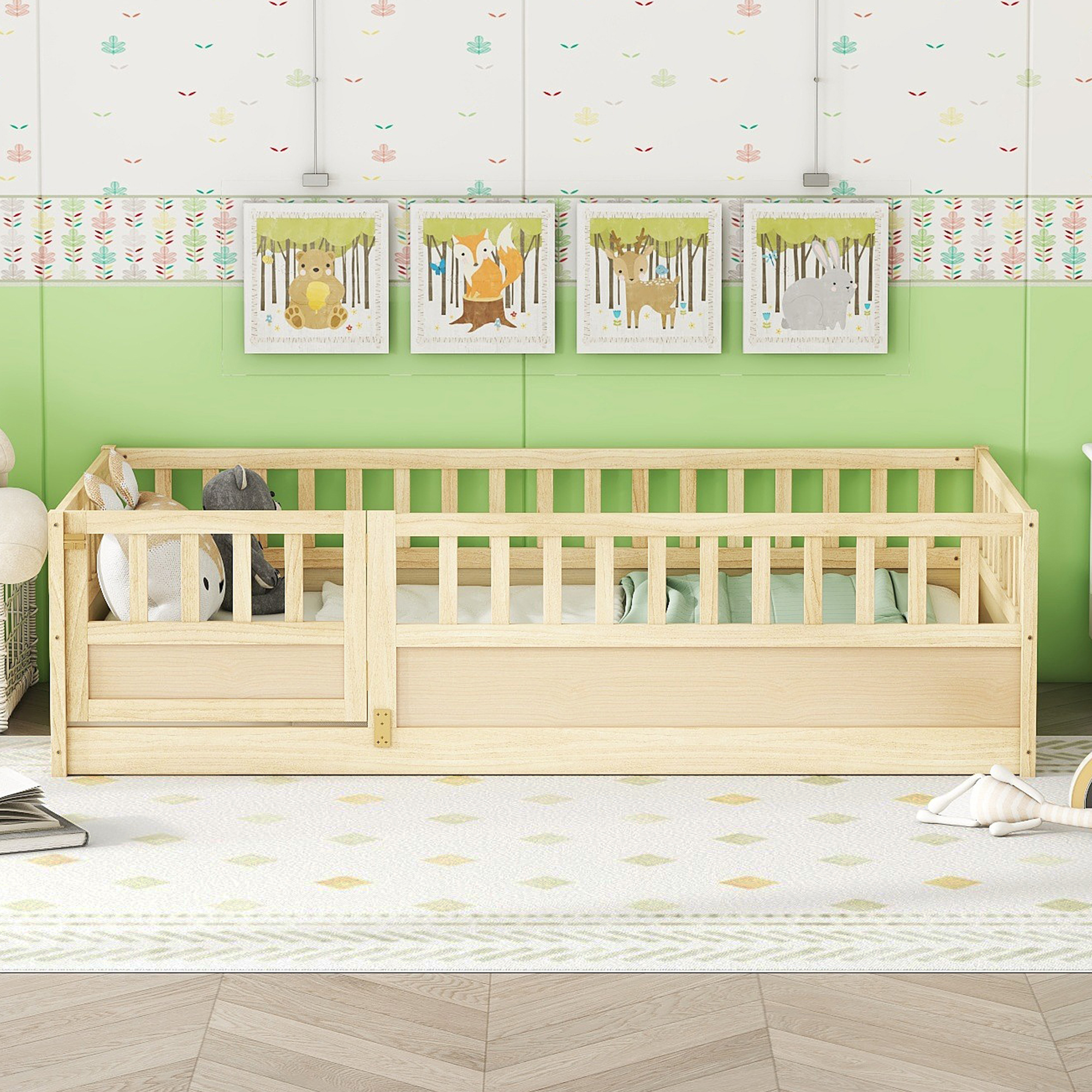 Twin Size Floor Bed, Integral Construction With Super High Security Barrier, Door, Children S Floor Bed Frame, Montessori Wooden Children S Floor Bed,Natural Wood Patented Model