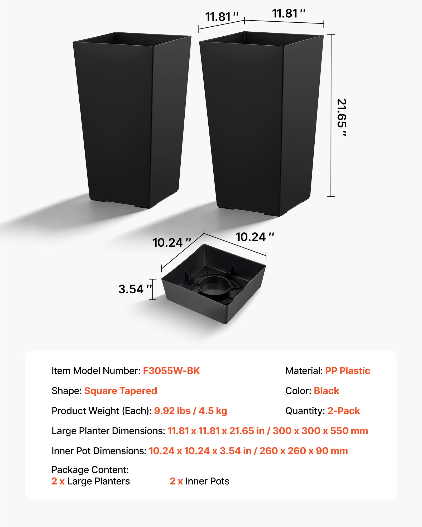 Tall Planters Set Of 2, 22 Inch Large Outdoor Taper Planters For Outdoor Indoor Plants, Front Porch Plastic Modern Flower Pots With Casters, Inner Pot & Drainage Holes For Patio, Garden, Black