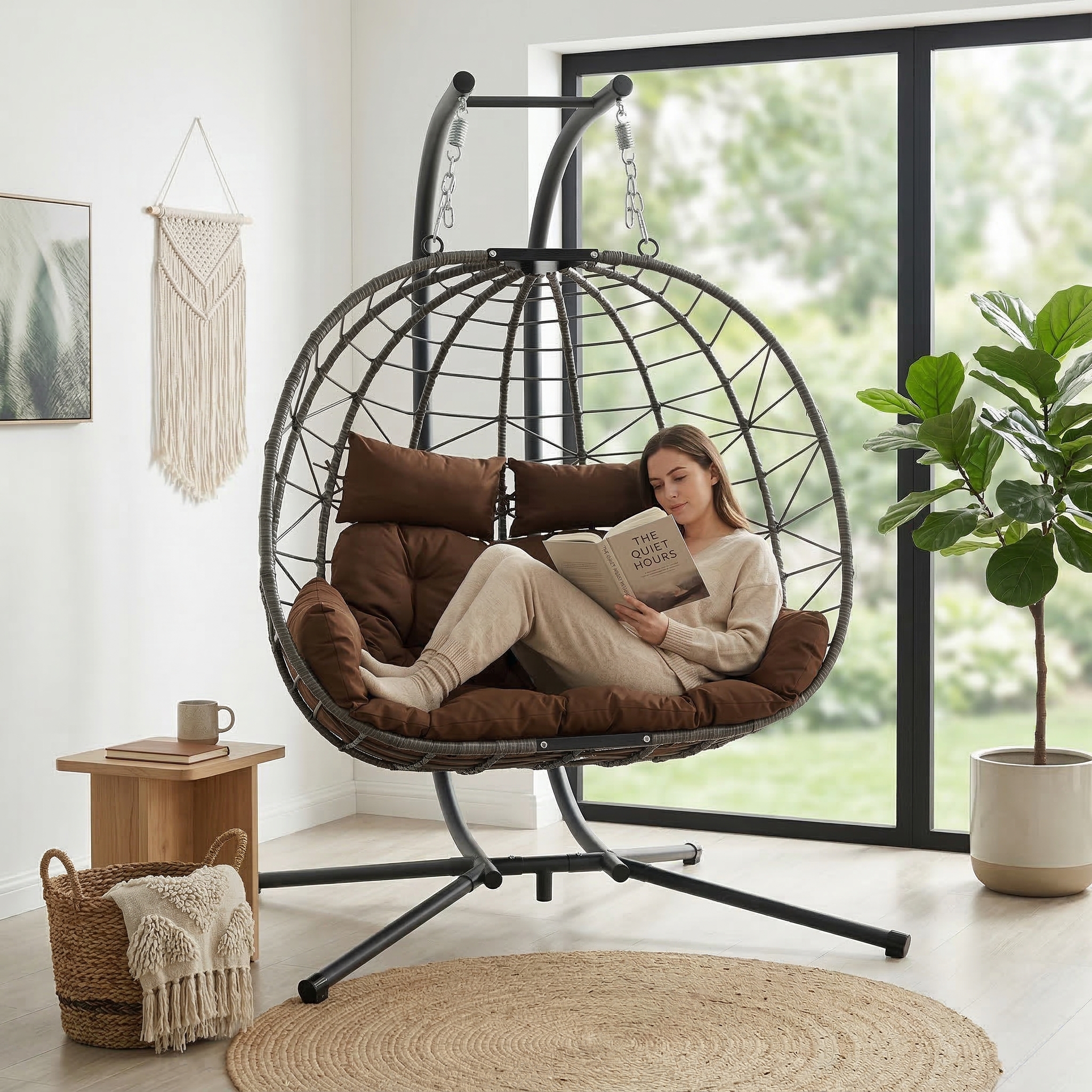 Silla colgante doble tipo huevo con soporte y cojín, para interior y exterior, marrón.