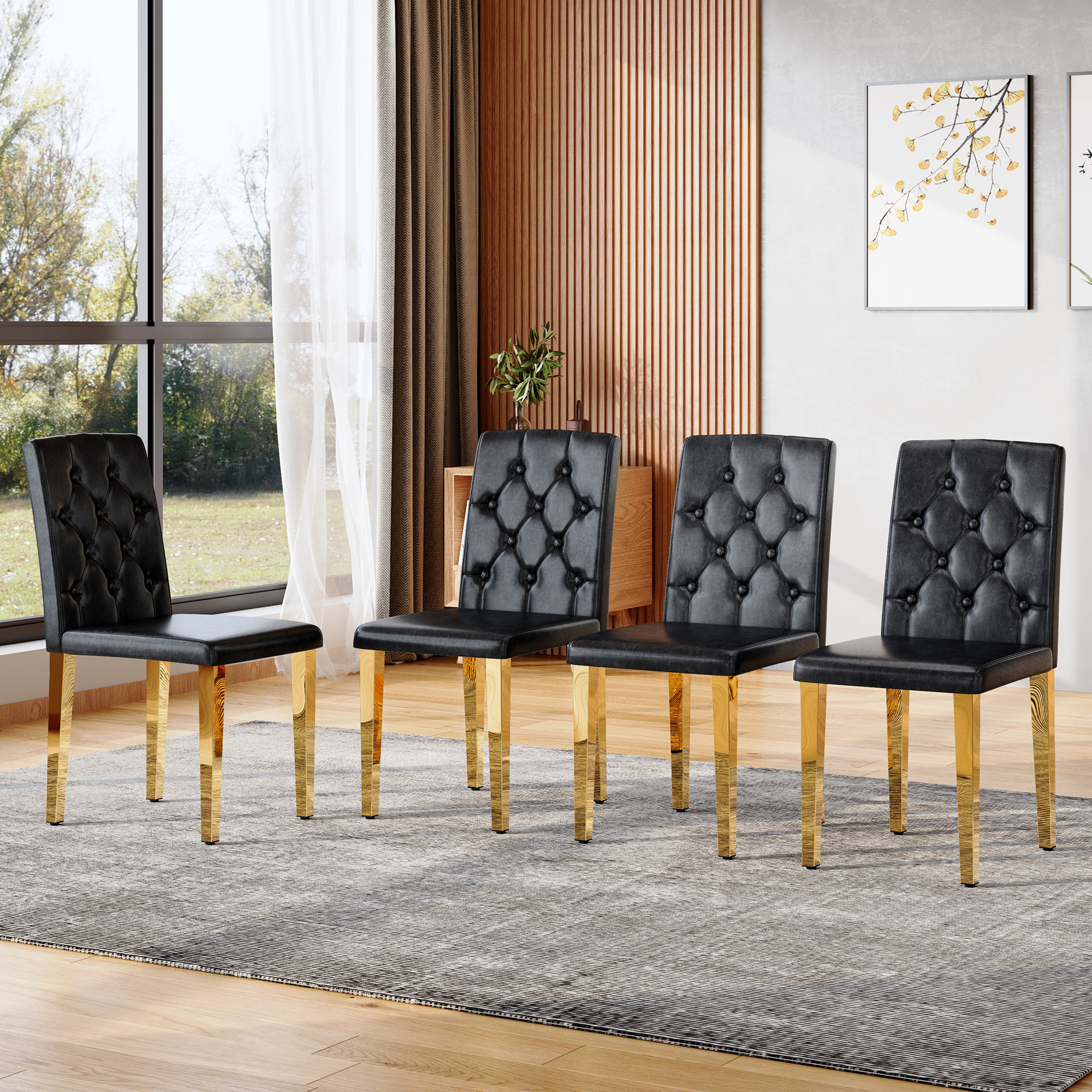 Sillas de comedor de PU negro, 35 pulgadas de alto, patas doradas, paquete de 4, W1151P29570