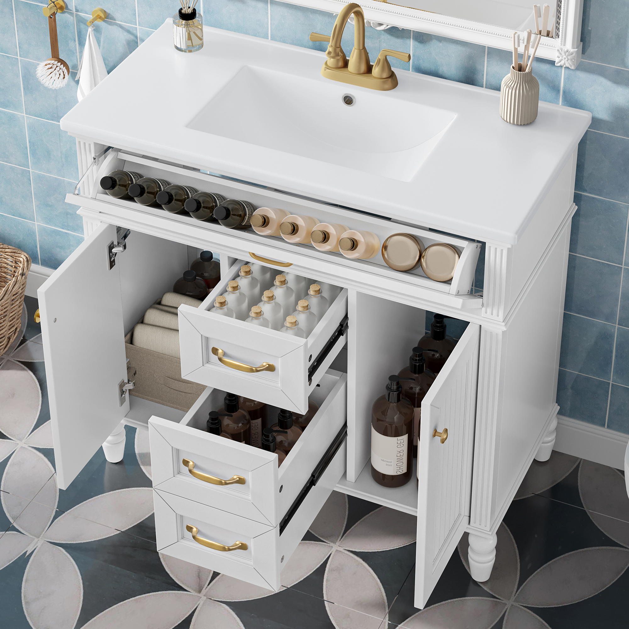 36 Inch Bathroom Vanity With Sink Combo, White Freestanding Cabinet With Ceramic Basin, MDF  Solid Wood Frame, Flip-Out Top Drawer, Soft Close Doors, 2 Storage Drawers, Golden Handles