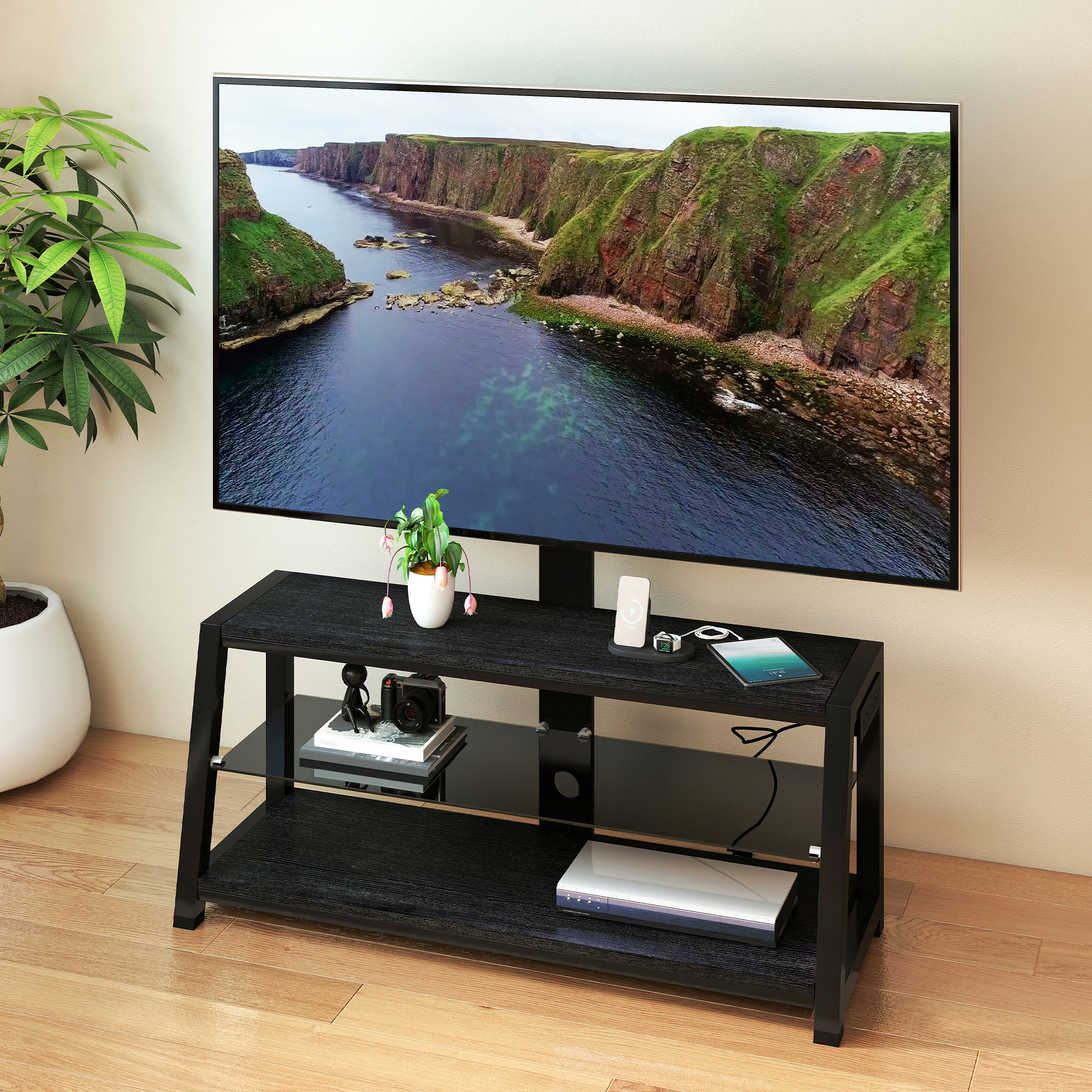 Mueble de TV de madera con almacenamiento, vidrio templado negro, altura ajustable y soporte giratorio.