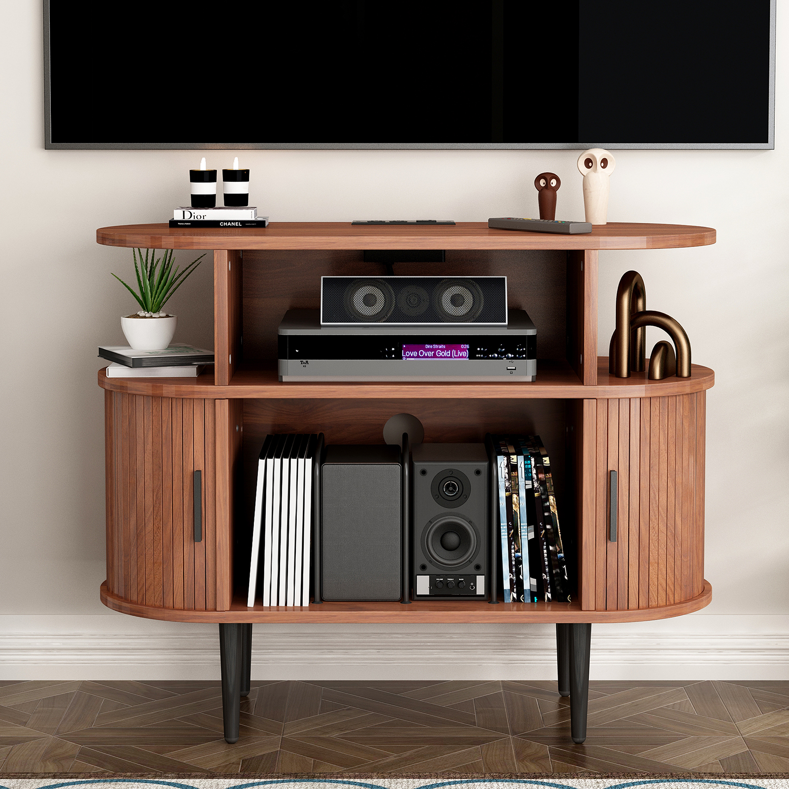 Soporte redondo grande para tocadiscos con estación de carga USB y almacenamiento de discos, nogal