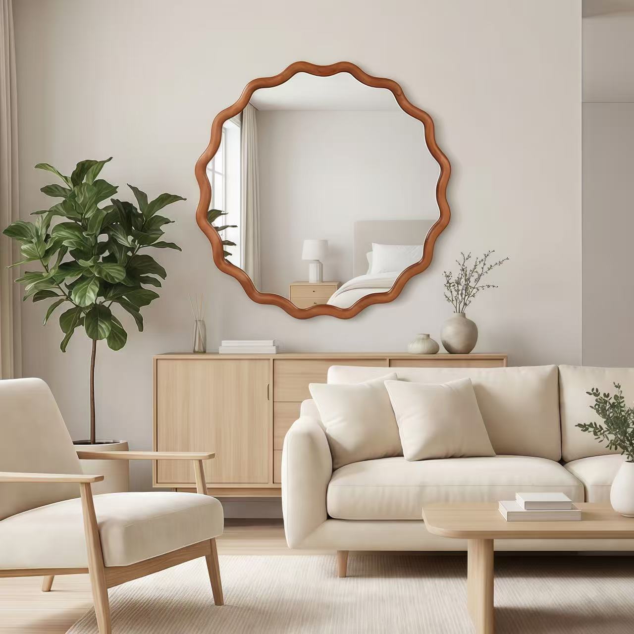 Yellowish Brown 24 Inch Wavy Round Solid Wood Frame Decorative Mirror,For Bedroom, Bathroom, Living Room, Entryway