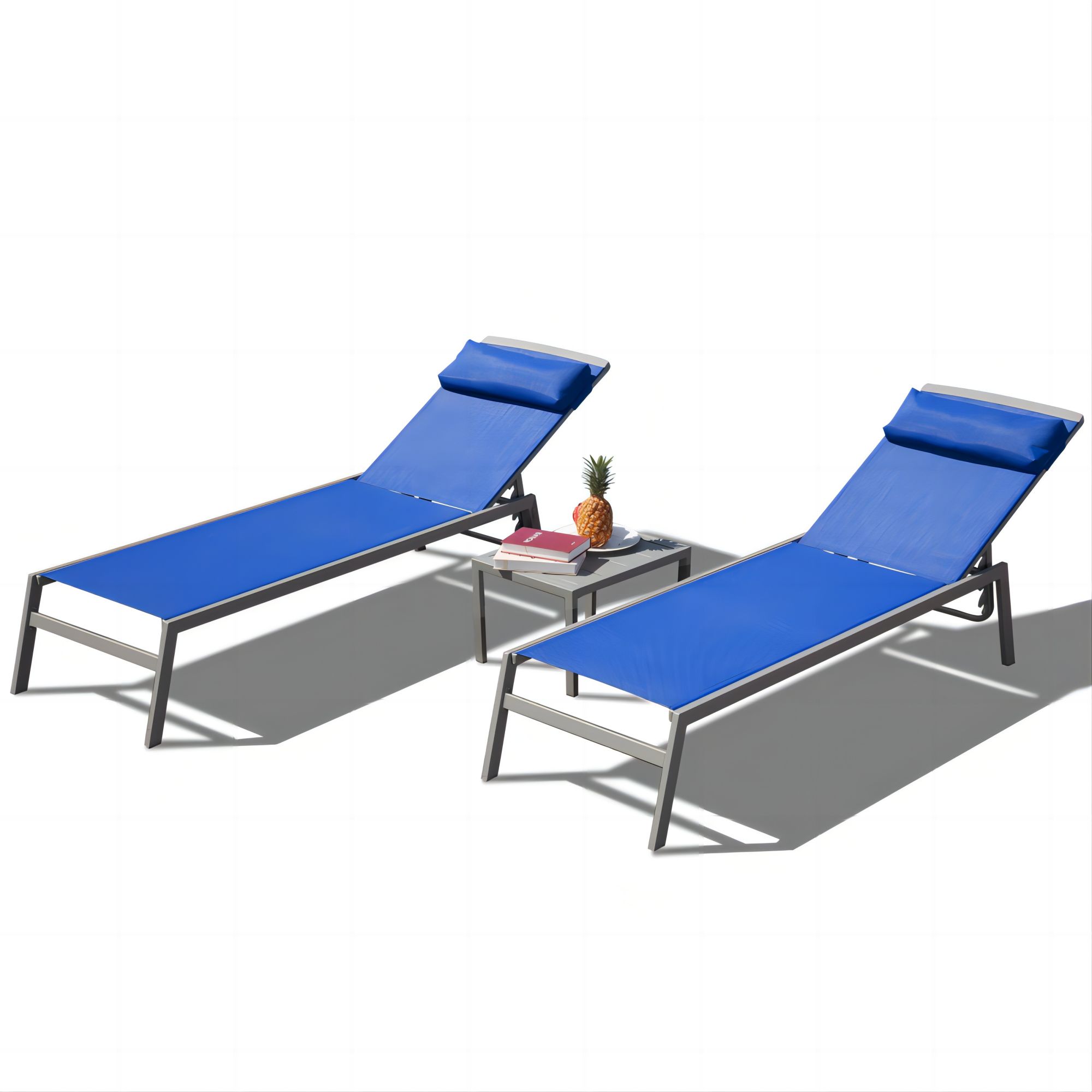 Patio Chaise Lounge Set, 3 Pieces Adjustable Aluminum Backrest Pool Lounge Chairs Textilene Sunbathing Recliner With Headrest  Blue,2 Lounge Chairs 1 Table