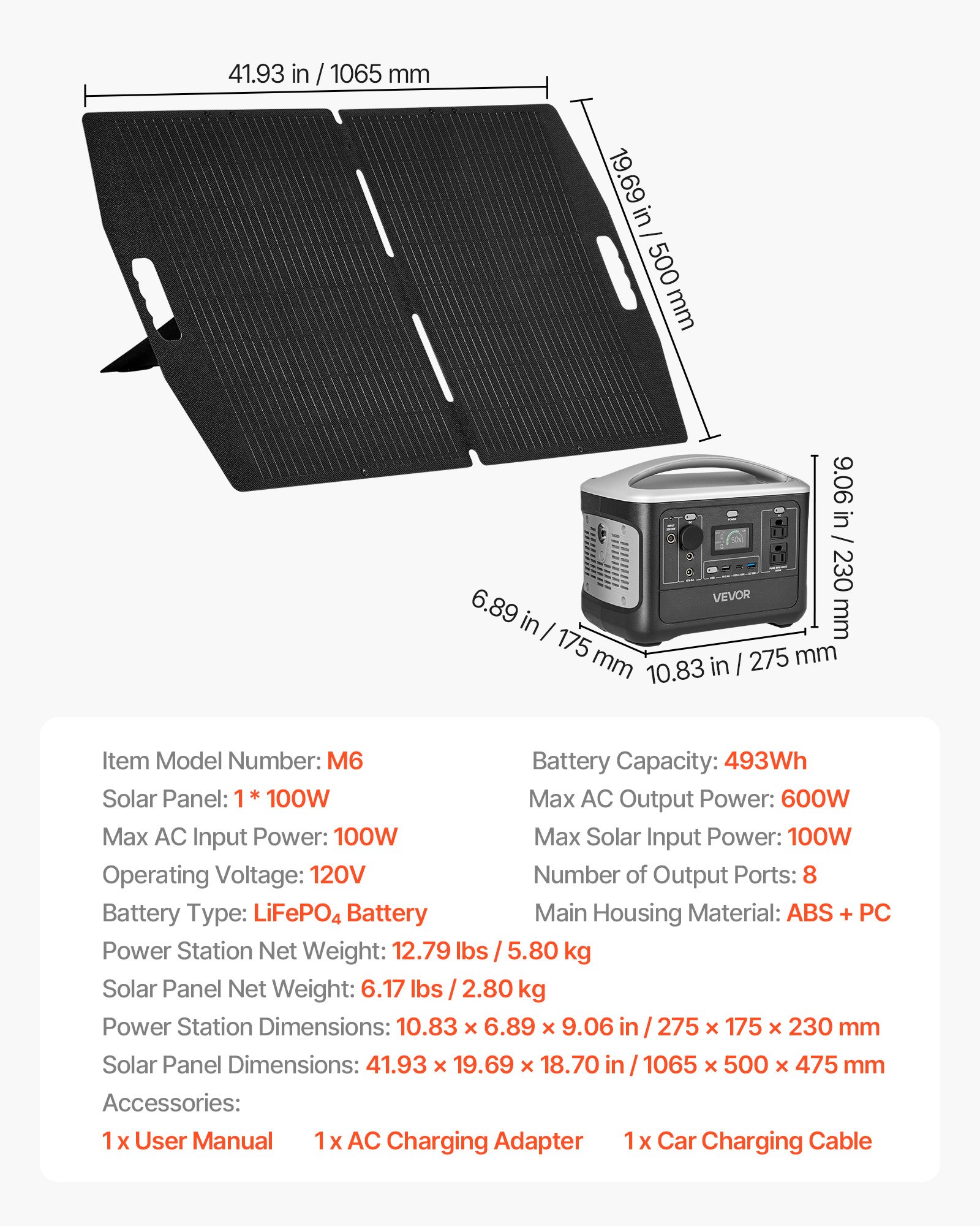 Estación de energía portátil 600W con panel solar 100W, batería LiFePO4 493Wh, 8 puertos