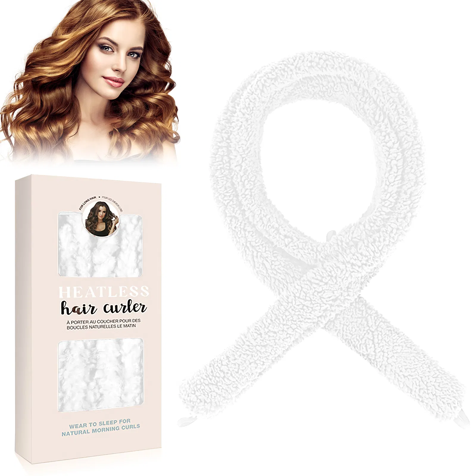 Rizador de cabello sin calor de satén, para ondas suaves naturales, blanco