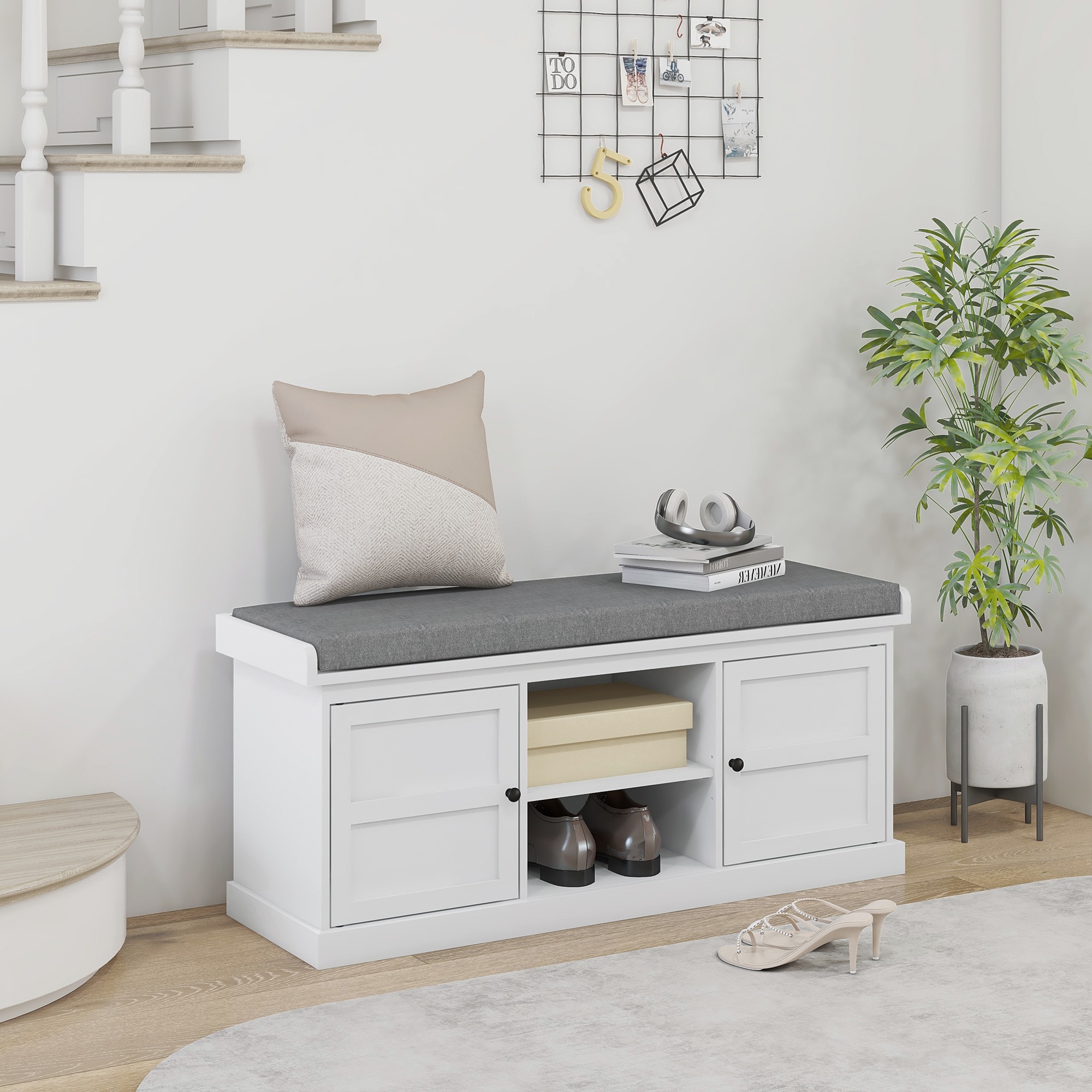 Banco zapatero con asiento acolchado, 2 gabinetes y estante ajustable, blanco
