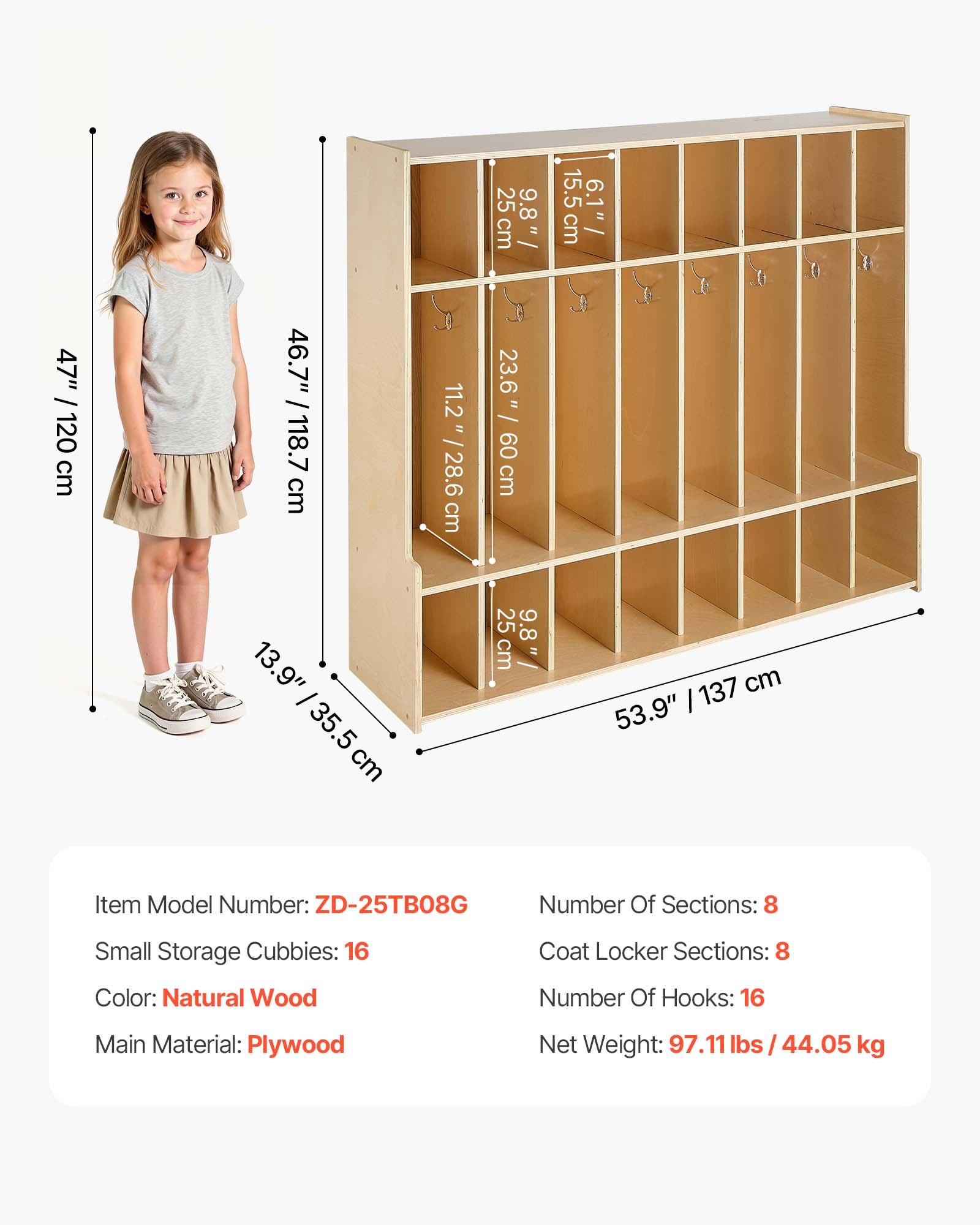 8-Section Kids Coat Locker, Wooden Toddler Cubby Storage Organizer With 16 Hooks & Anti-Tip Kit, Modern Kid Coat Cubbies With 16 Small Open Storage Boxes For Home, Kindergarten, Daycare, Natural