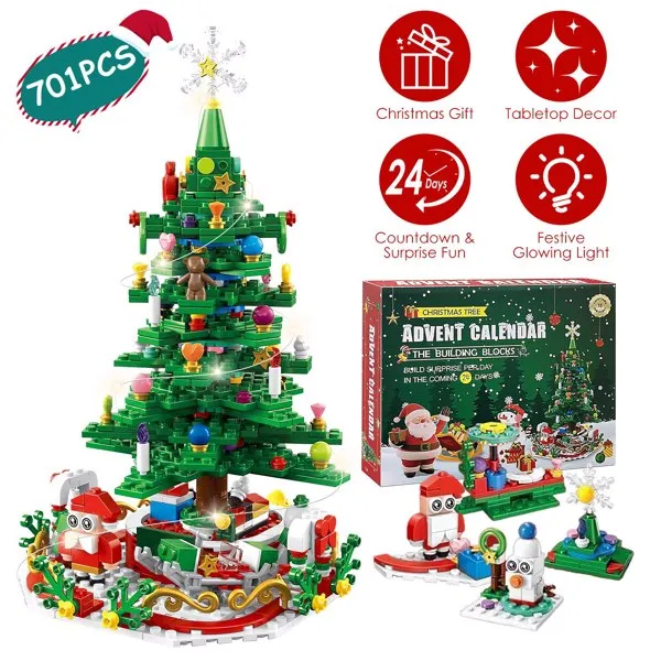 Juguete de construcción de árbol de Navidad (701 pzas) con calendario de adviento y luces LED