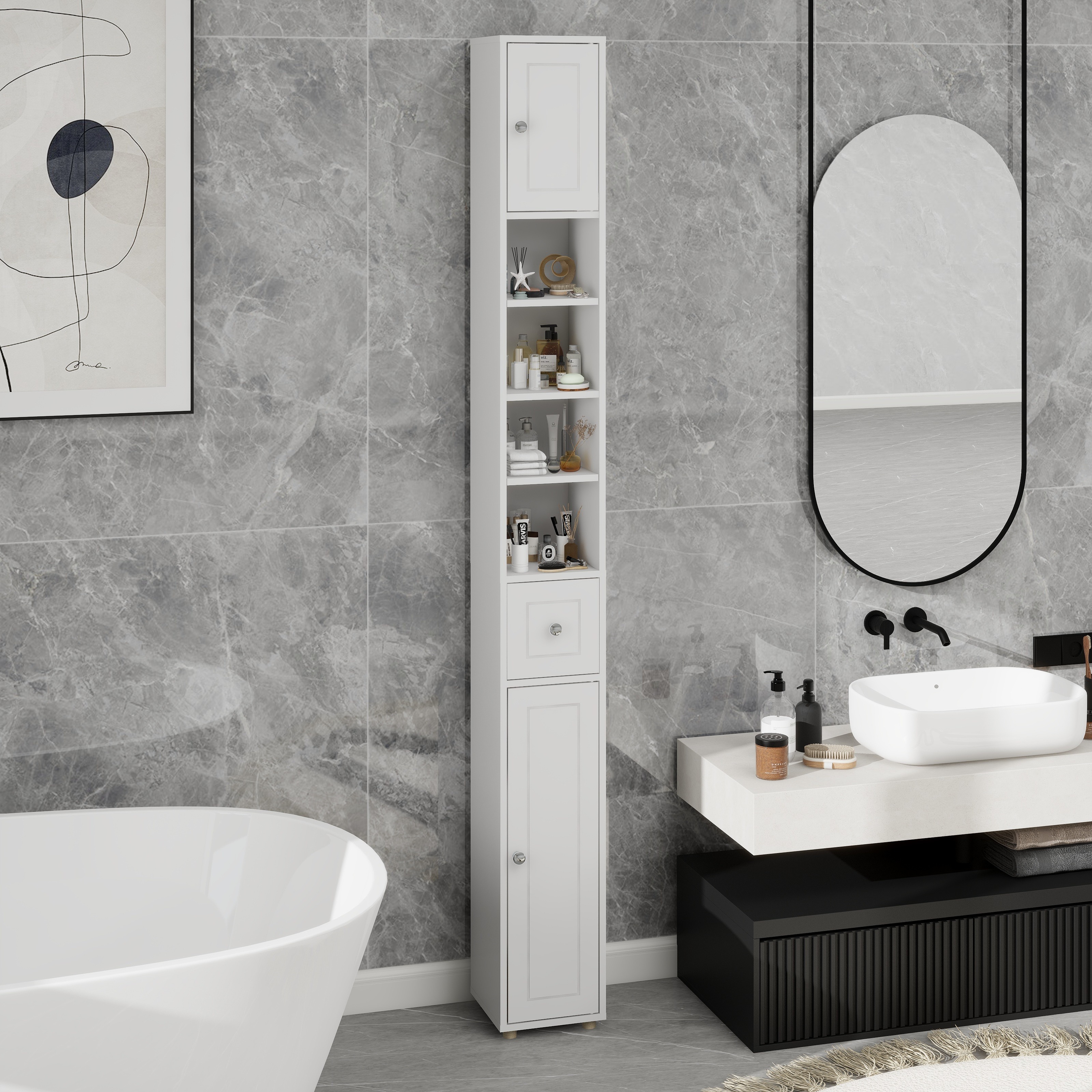 Tall Slim Bathroom Storage Cabinet, 71 Freestanding Bathroom Cabinet With 1 Drawer, 2 Doors And 4 Adjustable Shelves-White