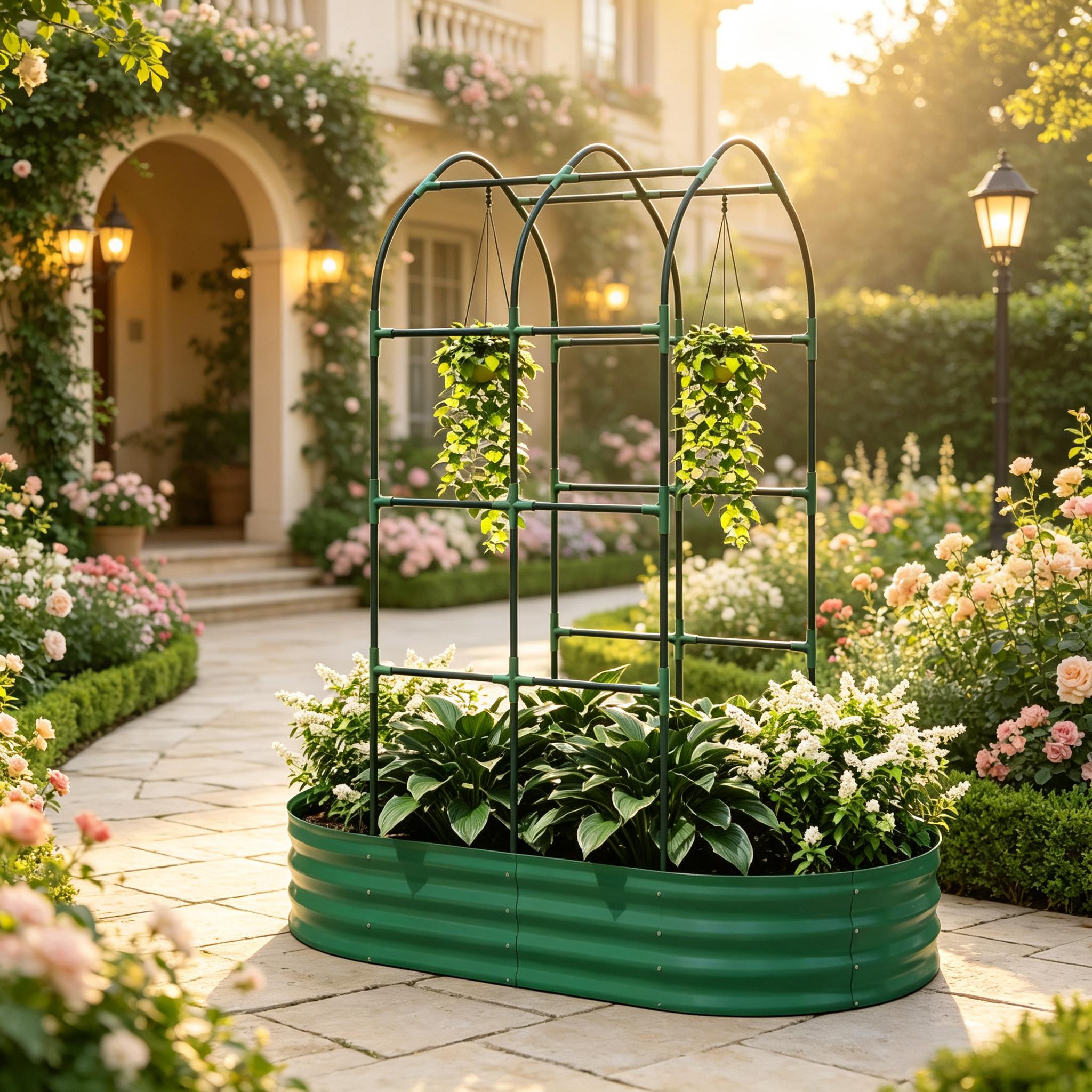Cama de jardín elevada de metal galvanizado con enrejado, 5 x 3 x 6 pies