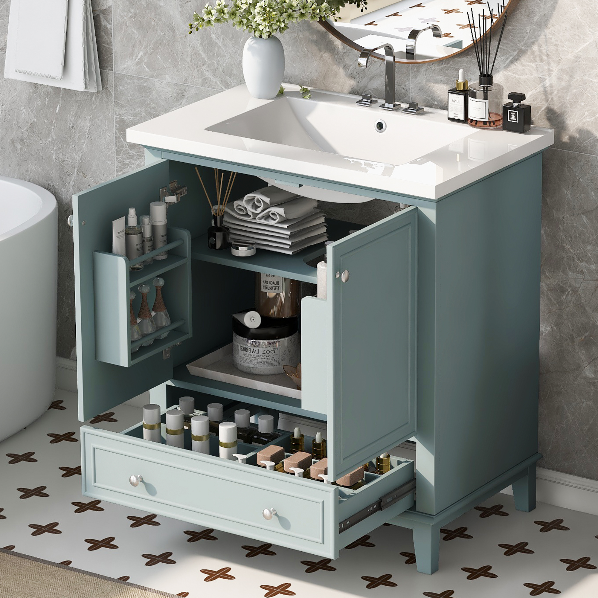 30  Bathroom Vanity With Sink Combo, Multi-functional Bathroom Cabinet With Doors And Drawer, Solid Frame And MDF Board, Green  Old